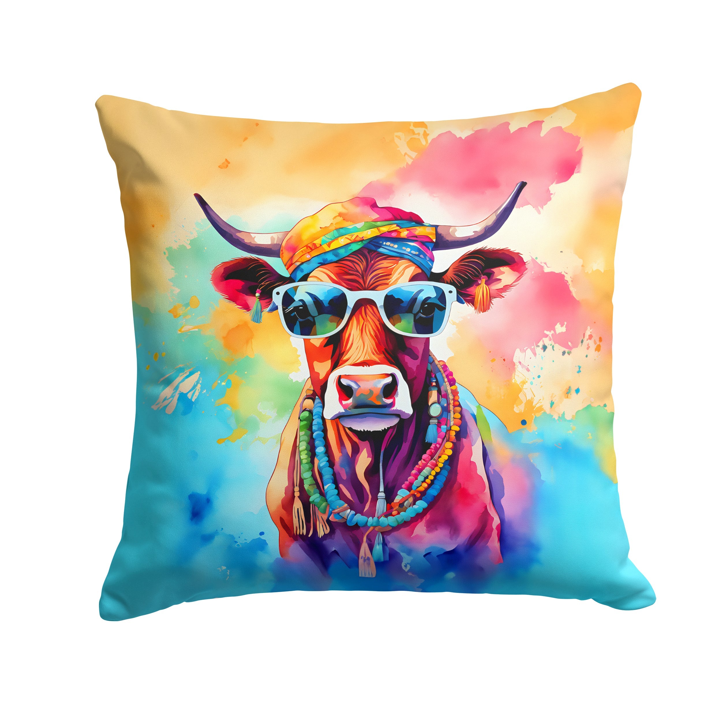 Hippie Animal Cow Decorative Throw Pillow 14x14 Indoor Outdoor Accent Cushion, Fabric Cover with Insert for Sofa, Bed, Porch & Living Room
