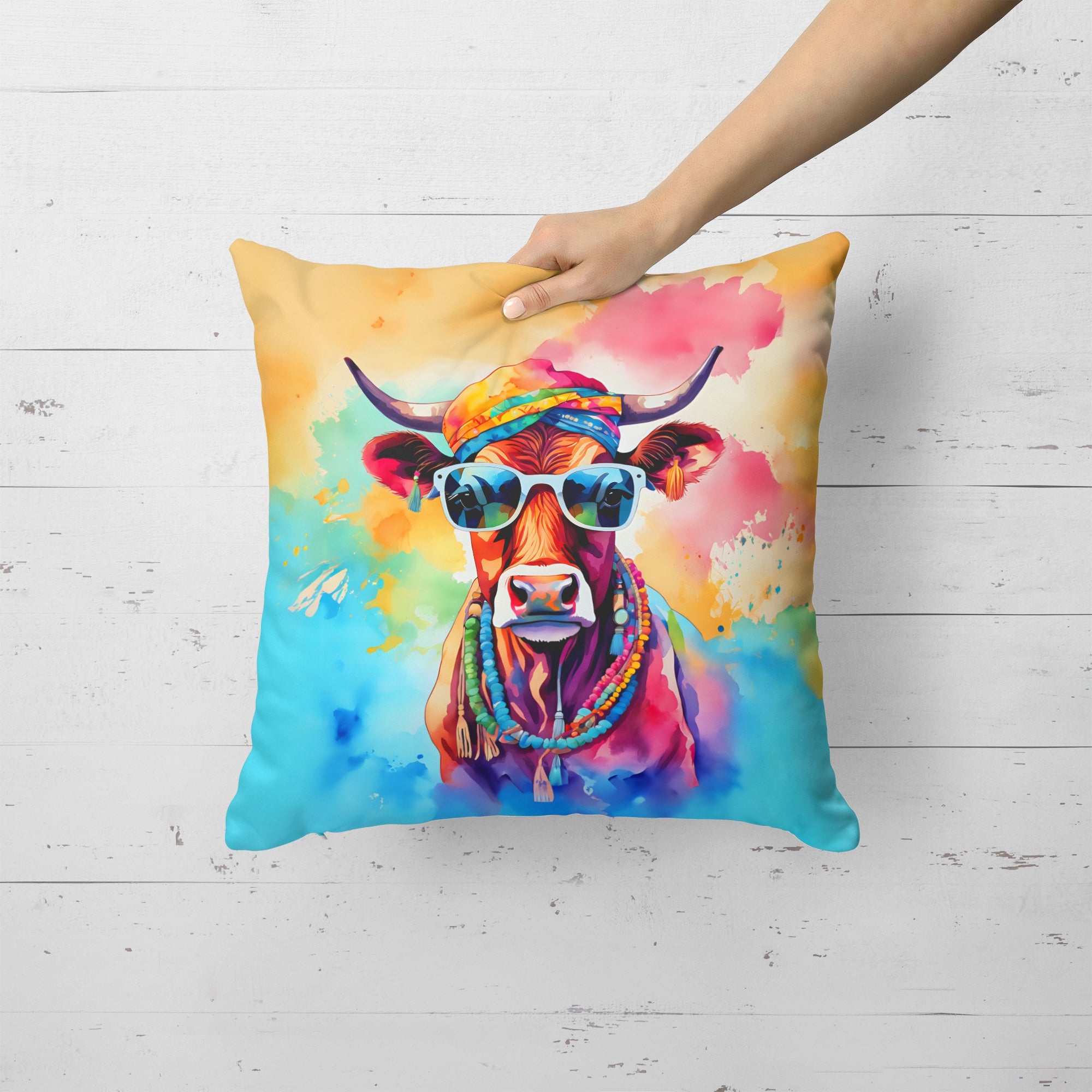 Hippie Animal Cow Decorative Throw Pillow 18x18 Indoor Outdoor Accent Cushion, Fabric Cover with Insert for Sofa, Bed, Porch & Living Room