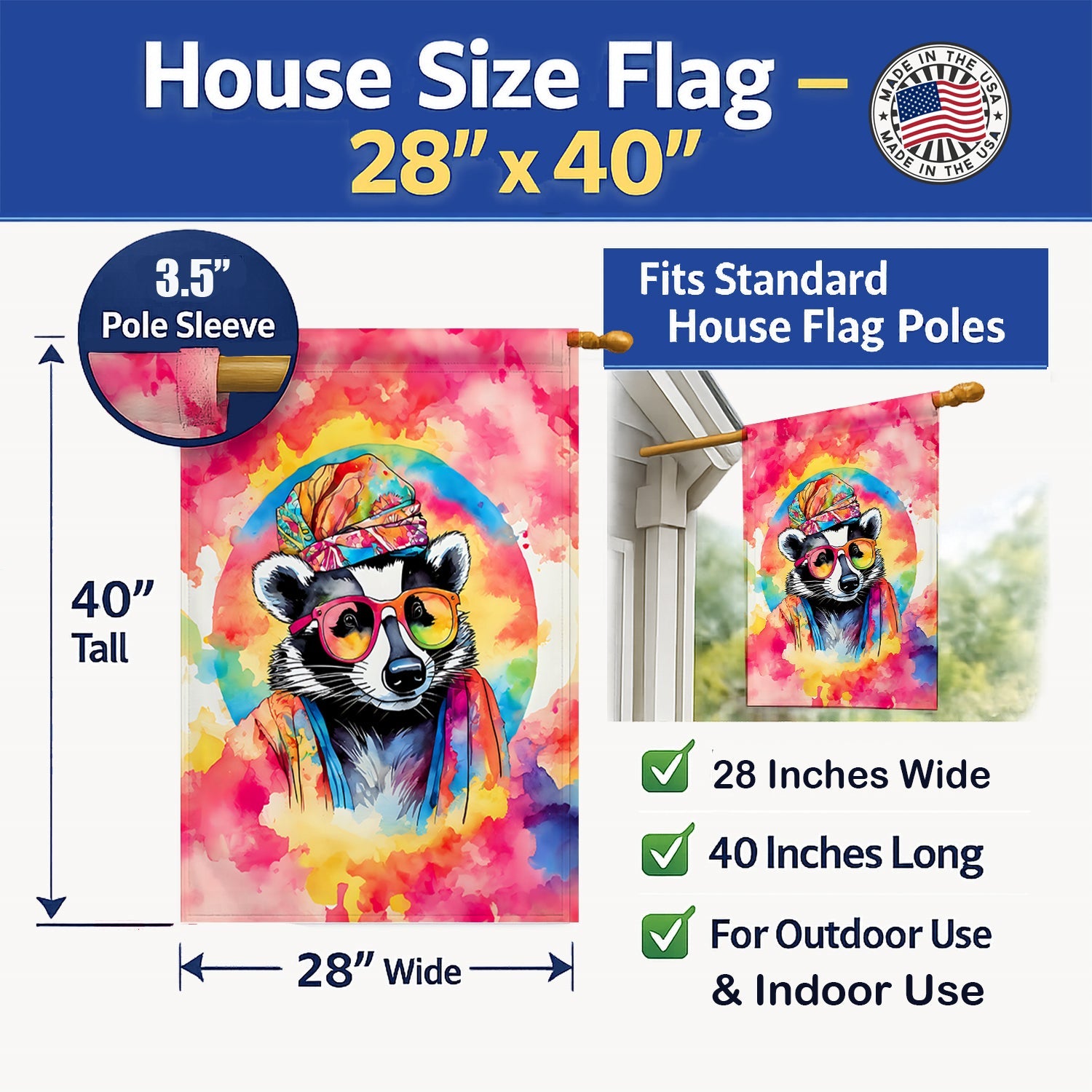 Hippie Animal Badger House Flag 28x40 Porch Sleeve Pole Decorative Outside Yard Banner Artwork Wall Hanging, Polyester