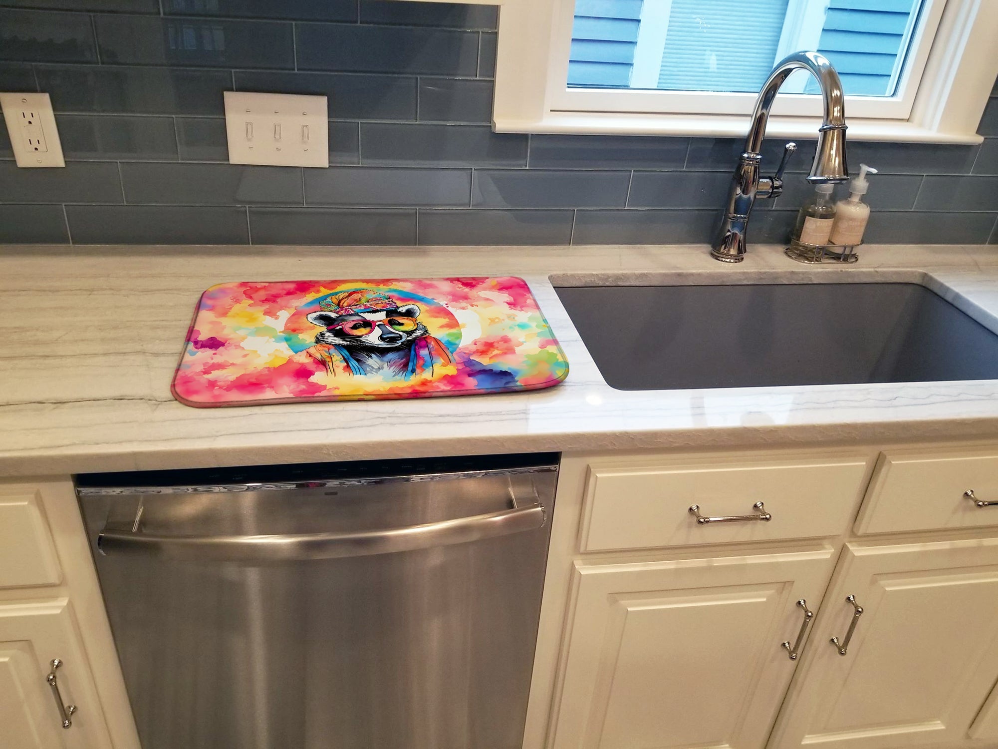 Hippie Animal Badger Dish Drying Mat Absorbent Dish Drying Mat Pad for Kitchen Counter Dish Drainer Mat for Countertop, 14 x 21", Multicolor