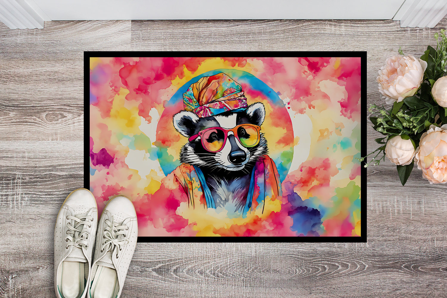 Hippie Animal Badger Doormat Indoor Outdoor 18H X 27W Front Door Mat Rugs for Entryway, Non Slip Washable
