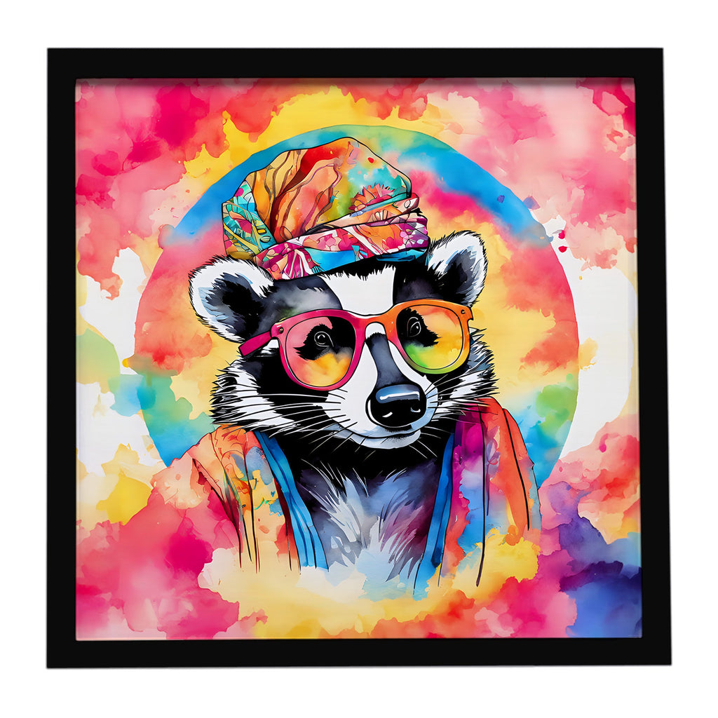 Hippie Animal Badger Framed Metal Print Bathroom, Kitchen, Office, Home Decor Wall Art Ready to Hang, Square, 8X8
