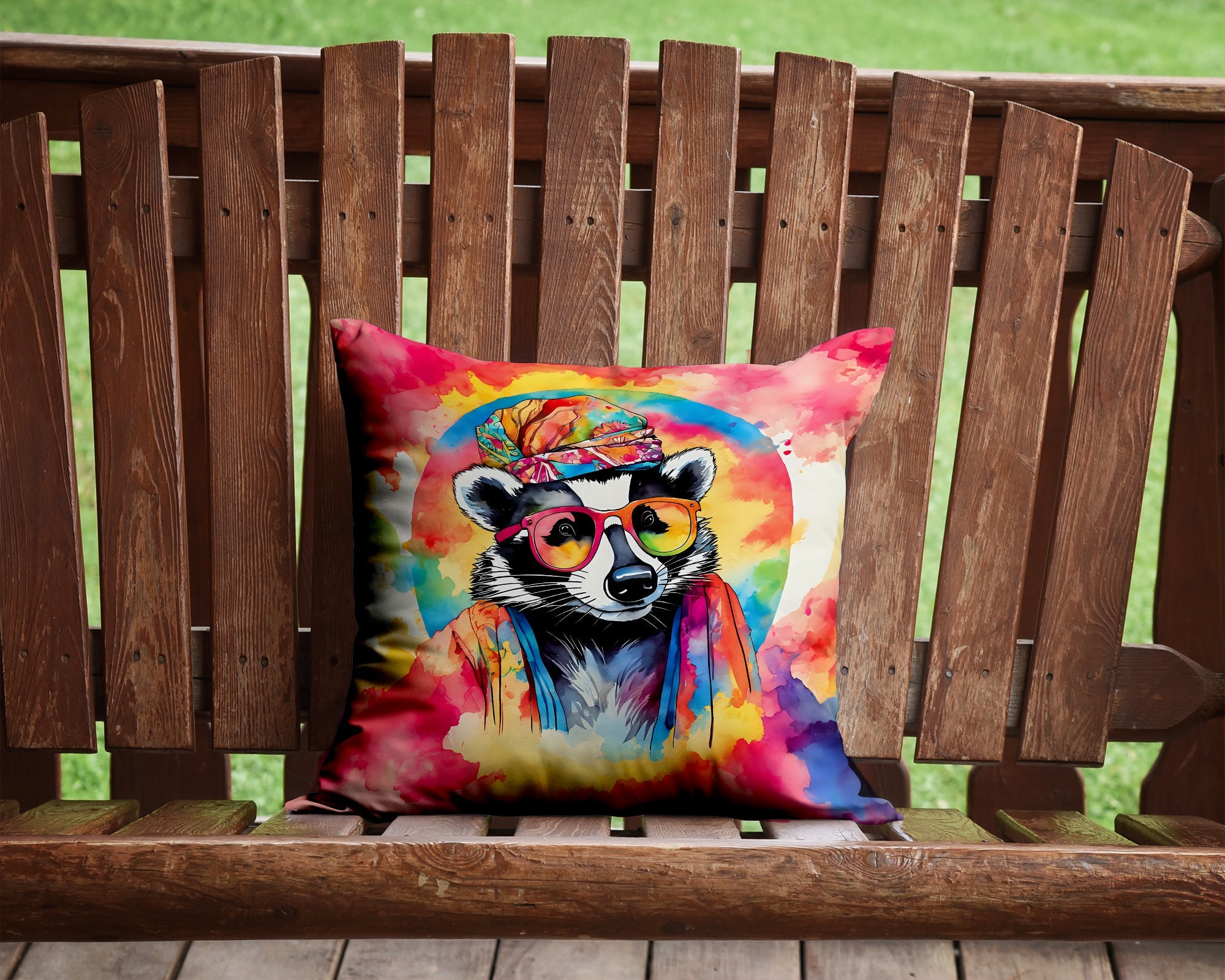 Hippie Animal Badger Decorative Throw Pillow 14x14 Indoor Outdoor Accent Cushion, Fabric Cover with Insert for Sofa, Bed, Porch & Living Room