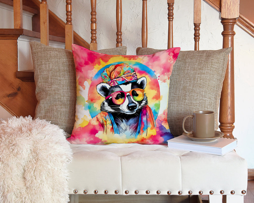 Hippie Animal Badger Decorative Throw Pillow 14x14 Indoor Outdoor Accent Cushion, Fabric Cover with Insert for Sofa, Bed, Porch & Living Room