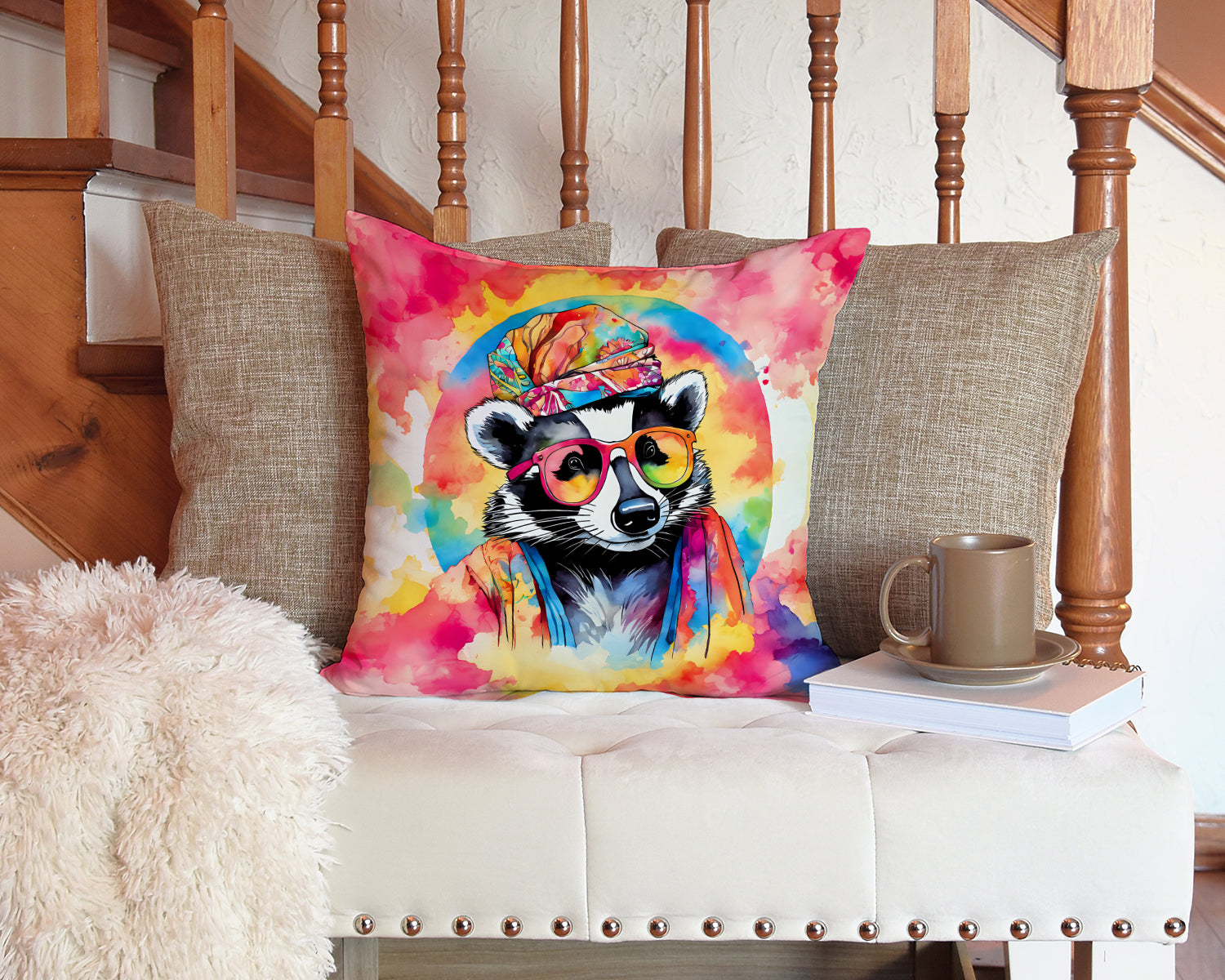 Hippie Animal Badger Decorative Throw Pillow 14x14 Indoor Outdoor Accent Cushion, Fabric Cover with Insert for Sofa, Bed, Porch & Living Room