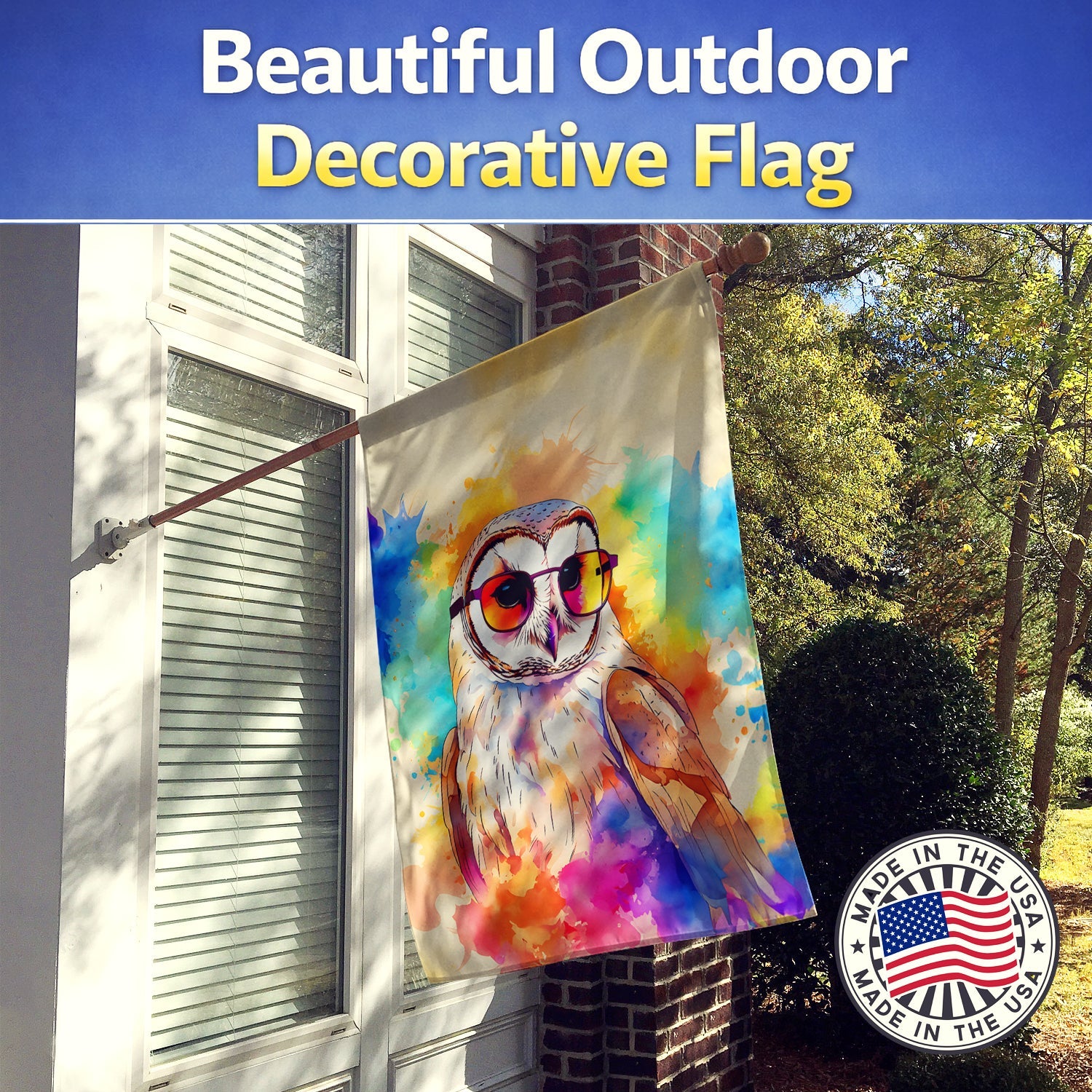 Hippie Animal Barn Owl House Flag 28x40 Porch Sleeve Pole Decorative Outside Yard Banner Artwork Wall Hanging, Polyester