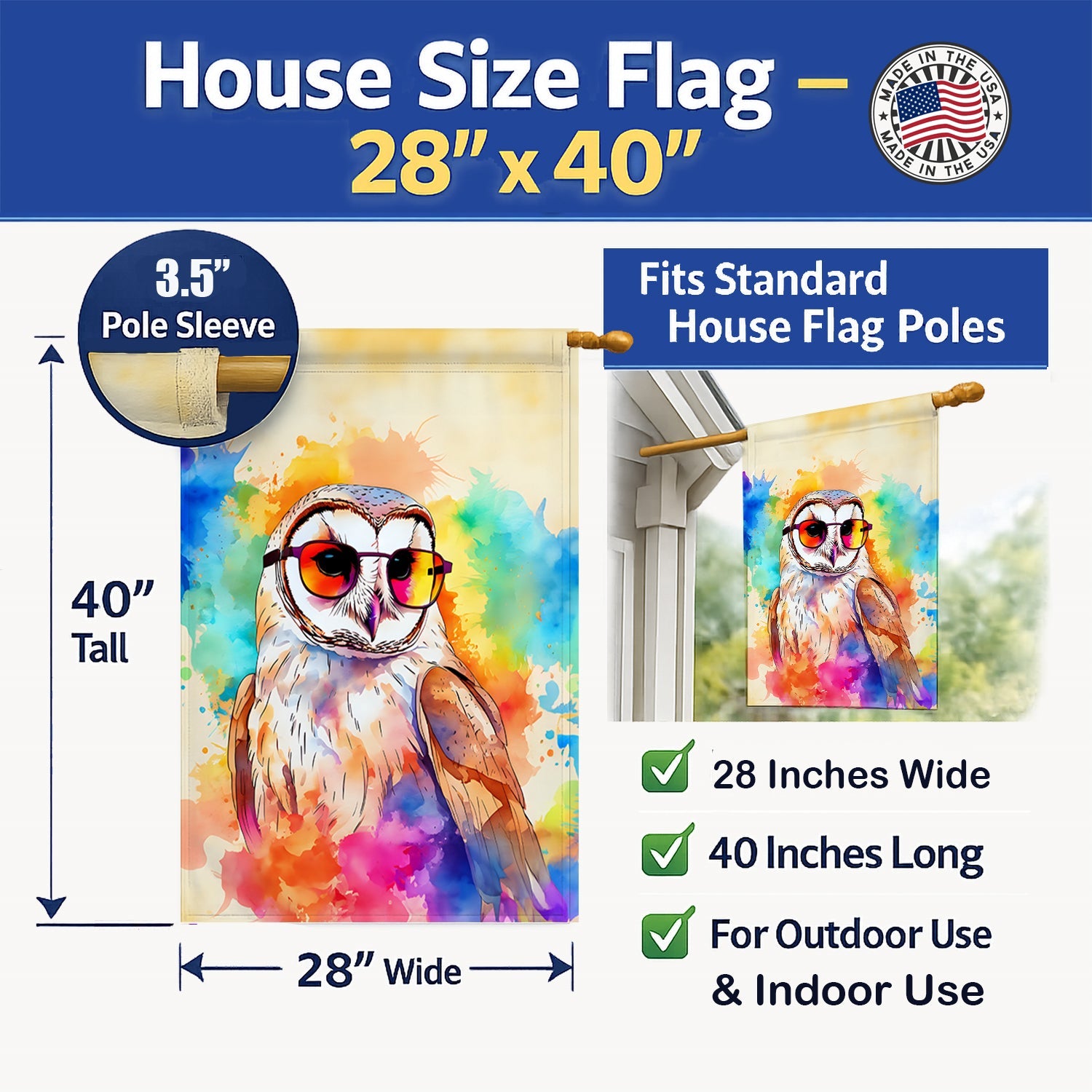 Hippie Animal Barn Owl House Flag 28x40 Porch Sleeve Pole Decorative Outside Yard Banner Artwork Wall Hanging, Polyester
