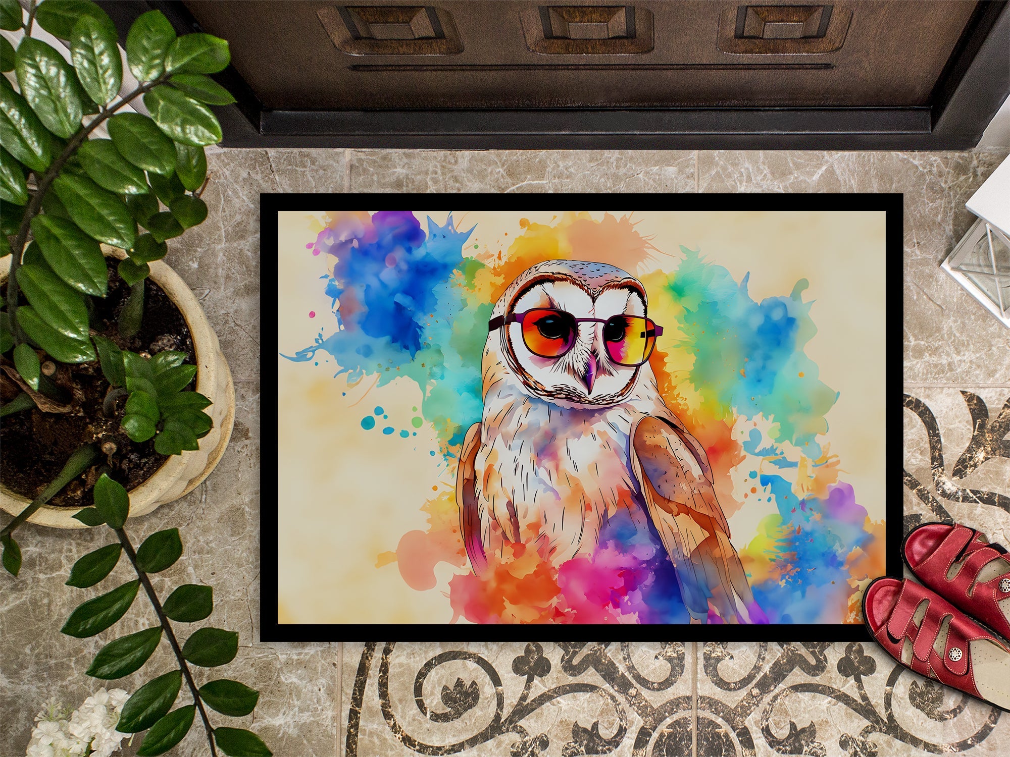 Hippie Animal Barn Owl Doormat Indoor Outdoor 24H X 36W Front Door Mat Rugs for Entryway, Non Slip Washable Low Pile,