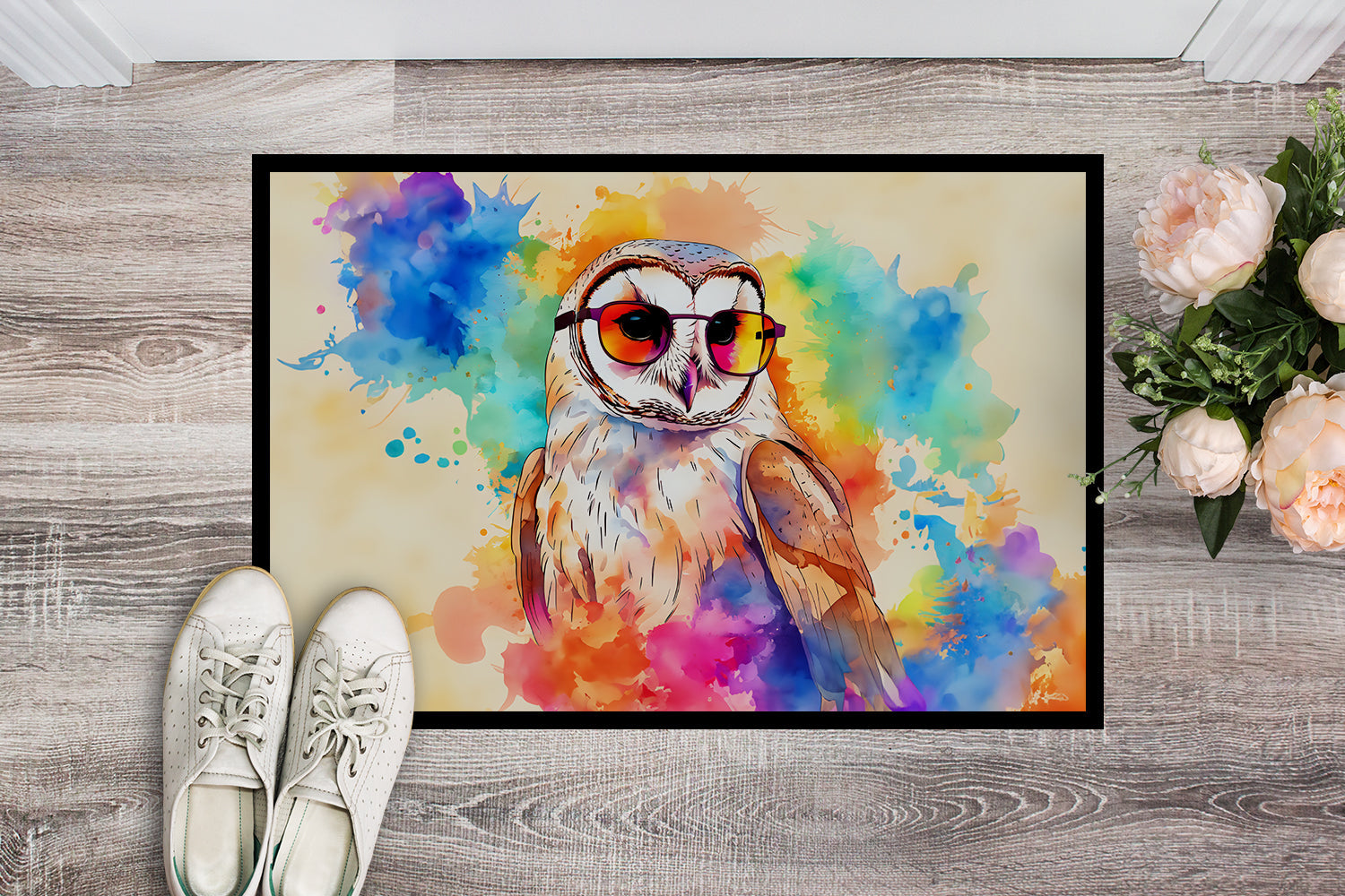 Hippie Animal Barn Owl Doormat Indoor Outdoor 18H X 27W Front Door Mat Rugs for Entryway, Non Slip Washable