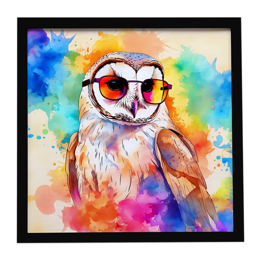 Hippie Animal Barn Owl Framed Metal Print Bathroom, Kitchen, Office, Home Decor Wall Art Ready to Hang, Square, 8X8