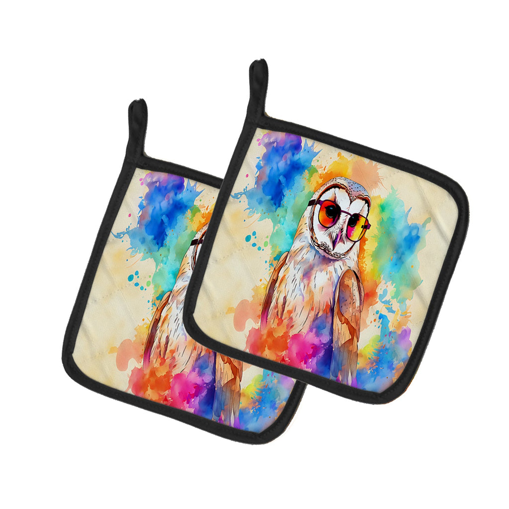 Hippie Animal Barn Owl Pot Holder Set of 2 Heat Resistant Quilted Hot Pads 7.5 x 7.5 Inch, Insulated Kitchen Trivets for Cooking & Baking