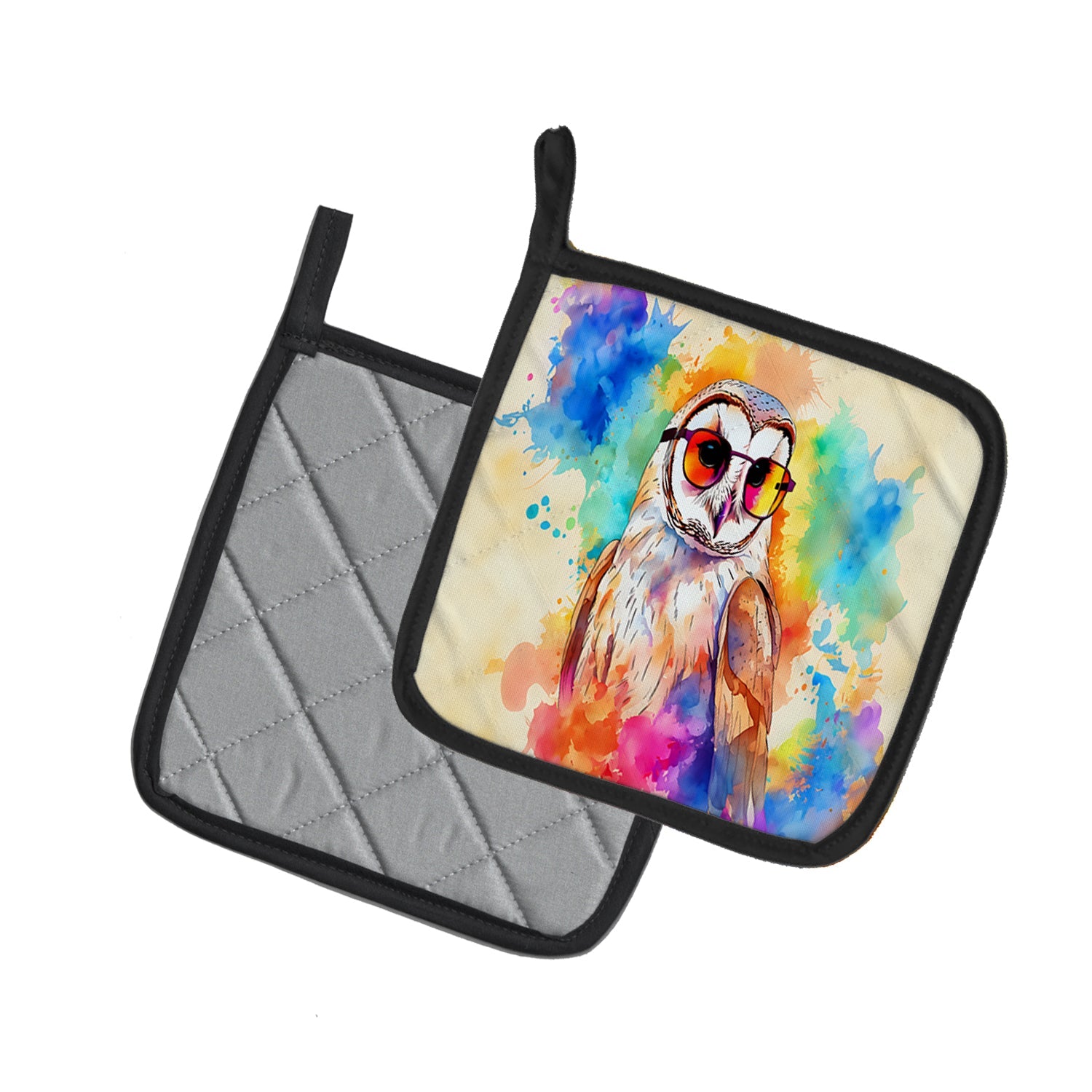 Hippie Animal Barn Owl Pot Holder Set of 2 Heat Resistant Quilted Hot Pads 7.5 x 7.5 Inch, Insulated Kitchen Trivets for Cooking & Baking