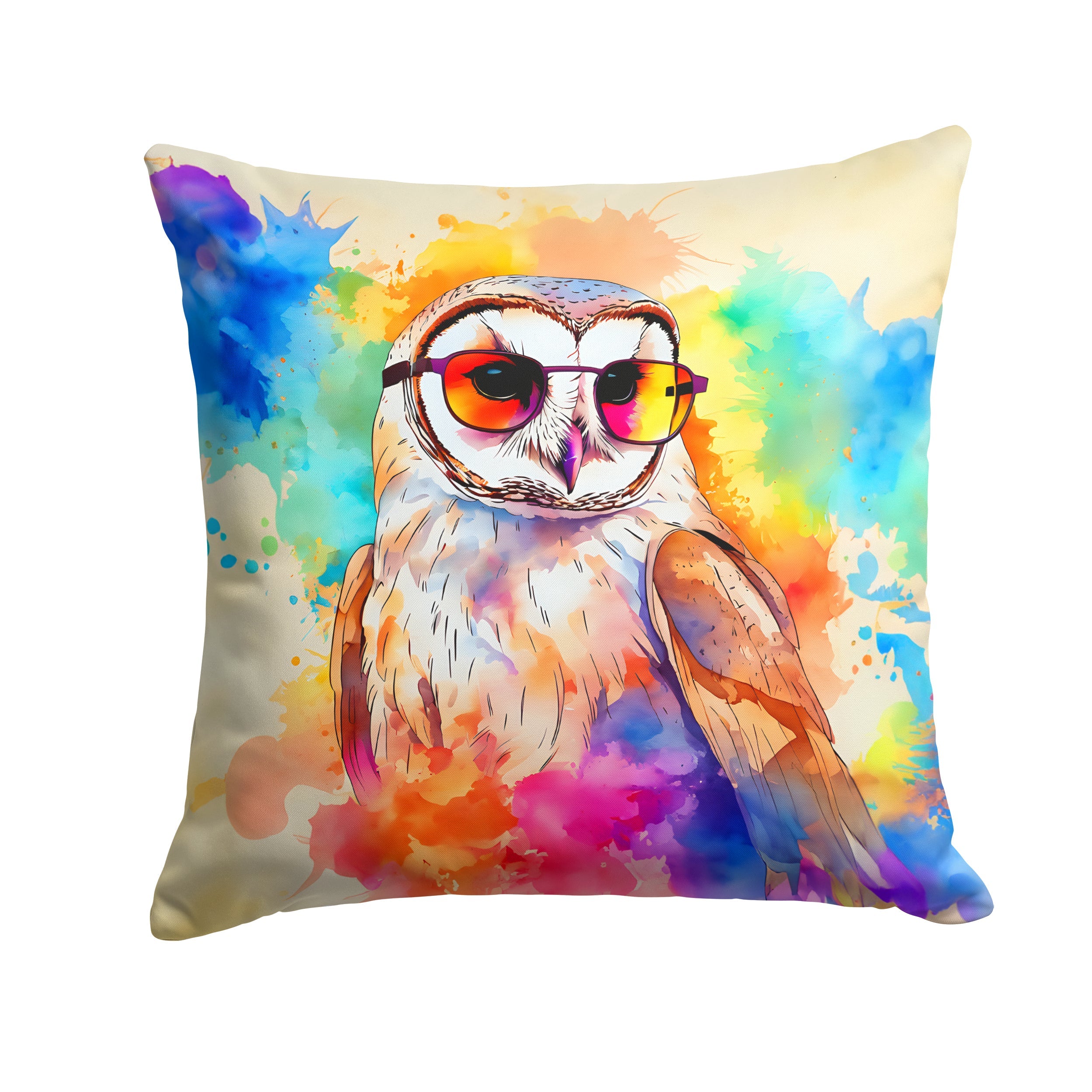 Hippie Animal Barn Owl Decorative Throw Pillow 14x14 Indoor Outdoor Accent Cushion, Fabric Cover with Insert for Sofa, Bed, Porch & Living Room