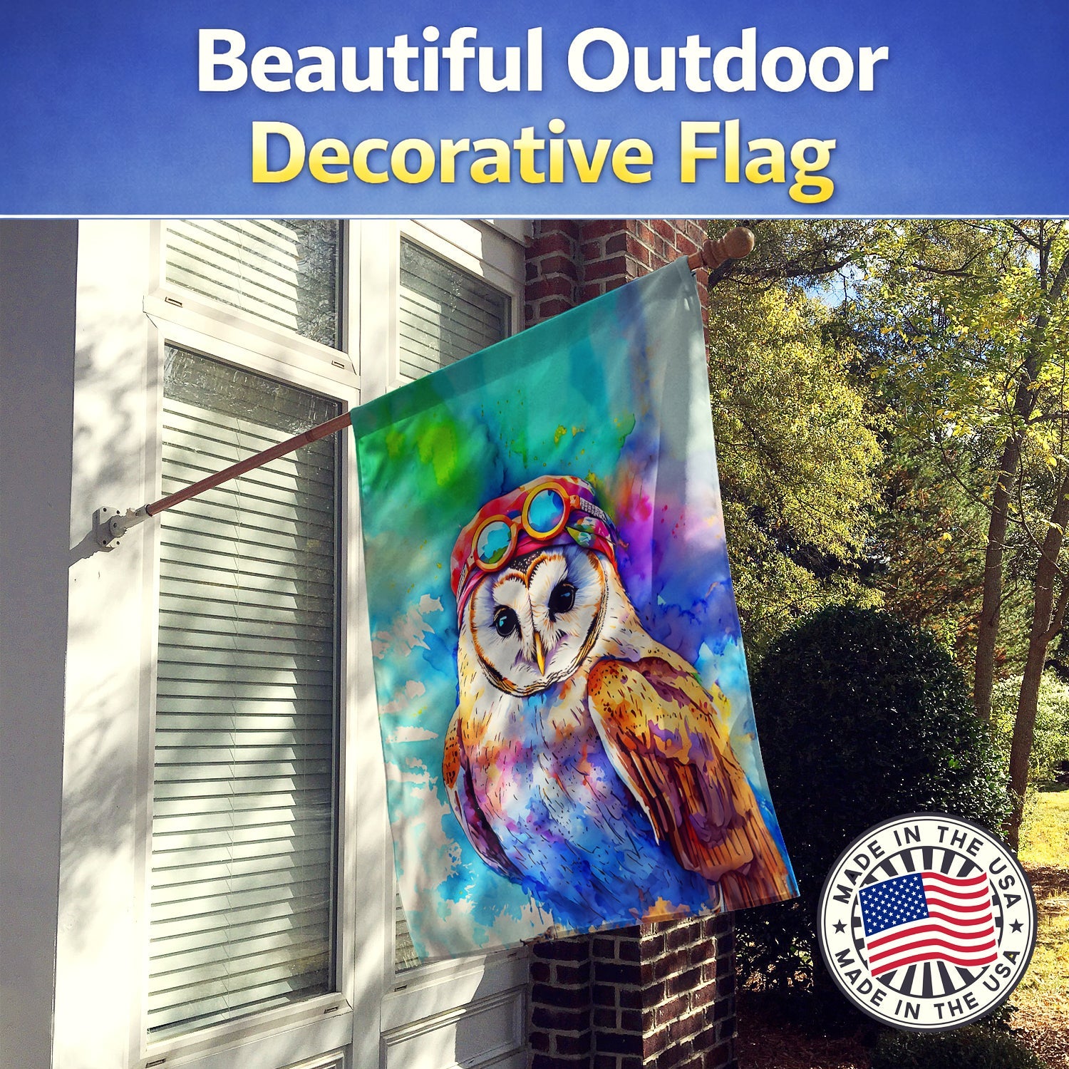 Hippie Animal Barn Owl House Flag 28x40 Porch Sleeve Pole Decorative Outside Yard Banner Artwork Wall Hanging, Polyester
