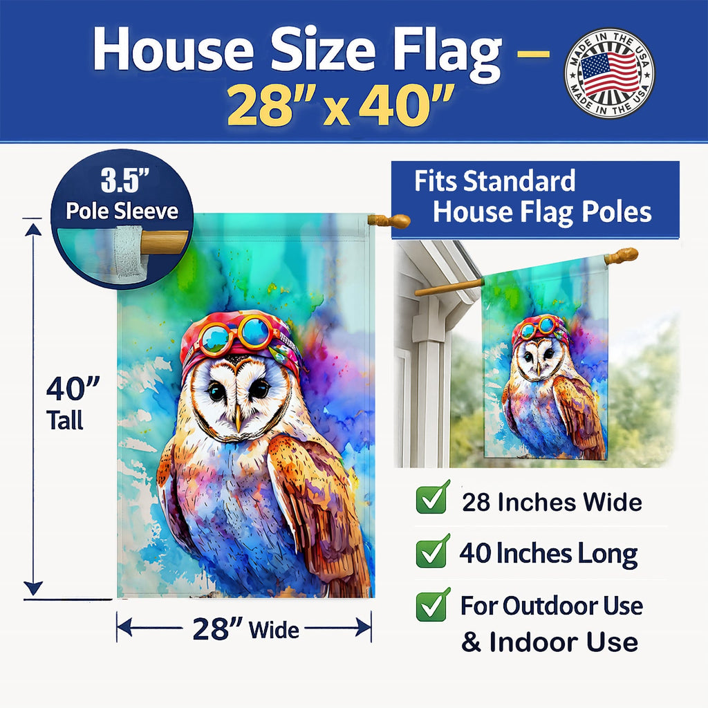 Hippie Animal Barn Owl House Flag 28x40 Porch Sleeve Pole Decorative Outside Yard Banner Artwork Wall Hanging, Polyester