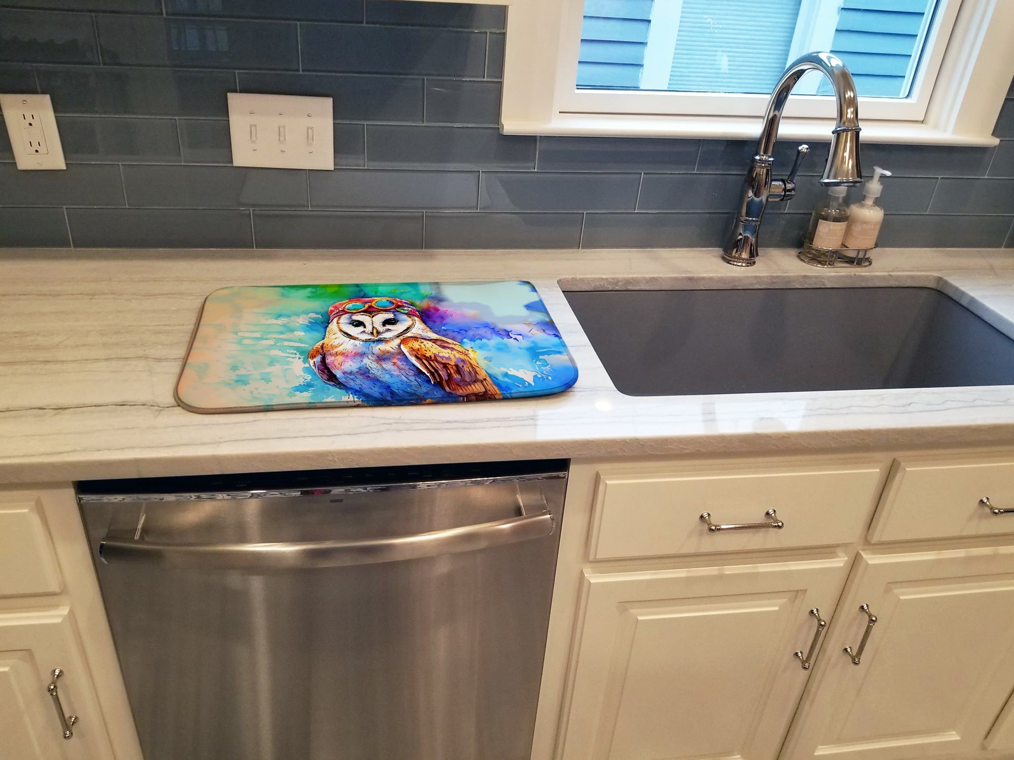 Hippie Animal Barn Owl Dish Drying Mat Absorbent Dish Drying Mat Pad for Kitchen Counter Dish Drainer Mat for Countertop, 14 x 21", Multicolor