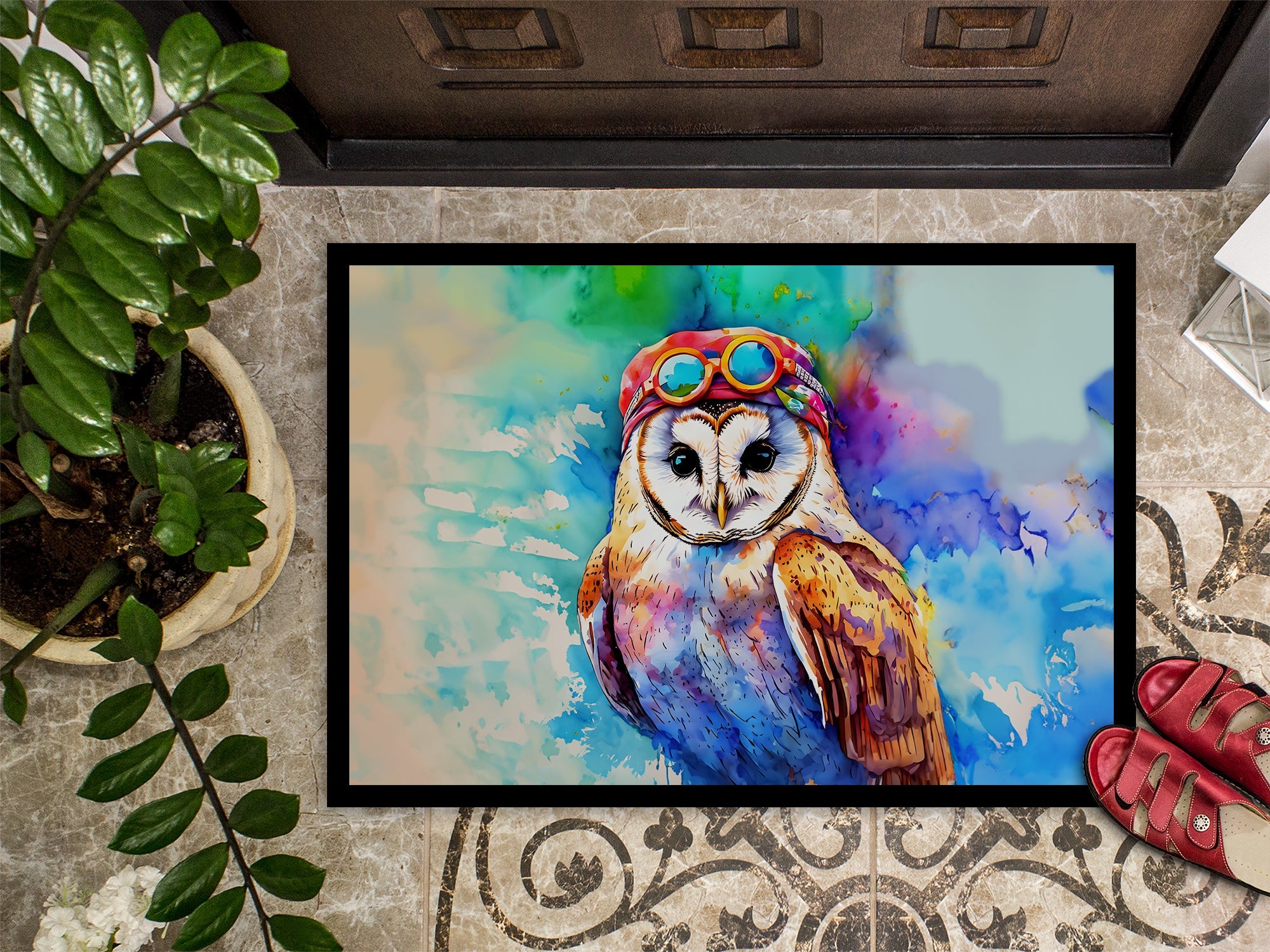 Hippie Animal Barn Owl Doormat Indoor Outdoor 24H X 36W Front Door Mat Rugs for Entryway, Non Slip Washable Low Pile,
