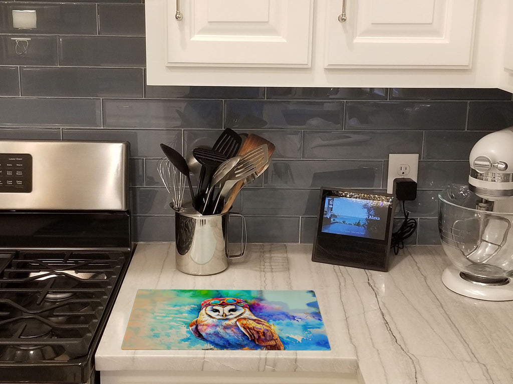Hippie Animal Barn Owl Cutting Board Tempered Glass Kitchen Cutting Surface, Heat Resistant Chopping, Non-Slip Feet, Food Prep & Serving