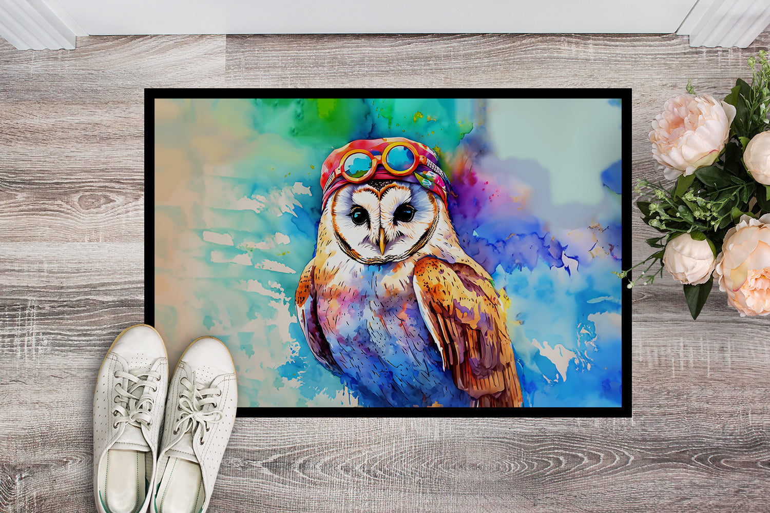 Hippie Animal Barn Owl Doormat Indoor Outdoor 18H X 27W Front Door Mat Rugs for Entryway, Non Slip Washable