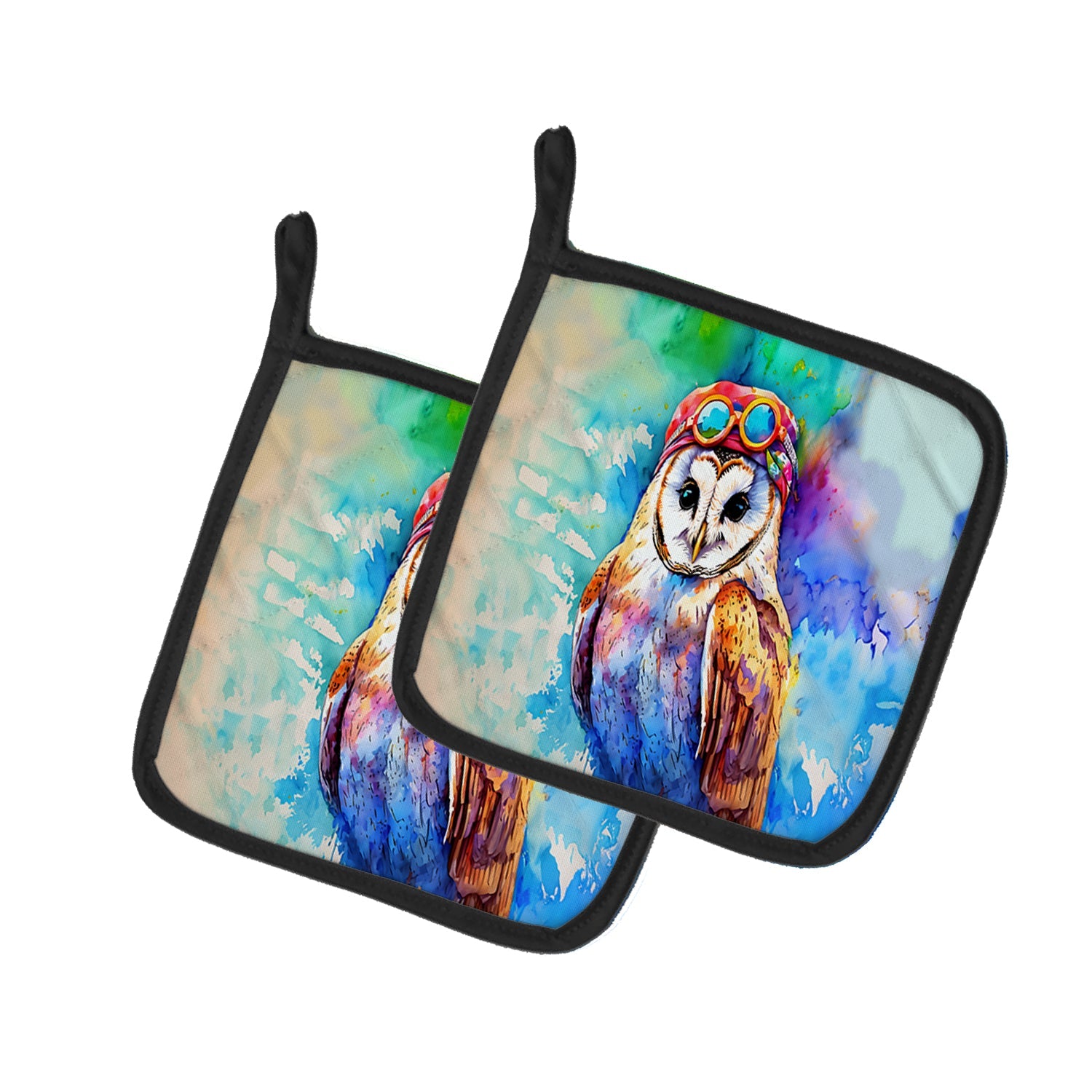 Hippie Animal Barn Owl Pot Holder Set of 2 Heat Resistant Quilted Hot Pads 7.5 x 7.5 Inch, Insulated Kitchen Trivets for Cooking & Baking