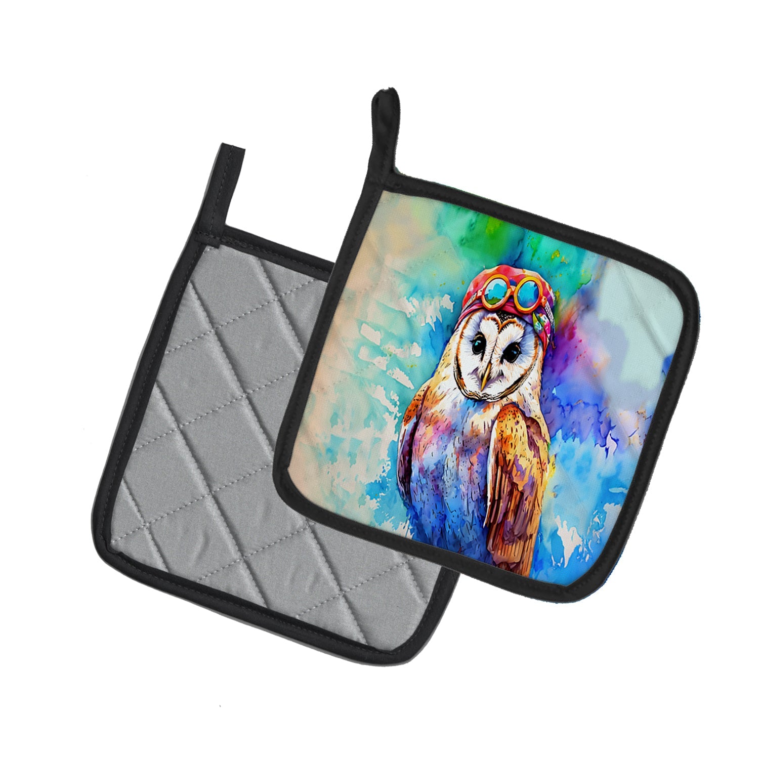 Hippie Animal Barn Owl Pot Holder Set of 2 Heat Resistant Quilted Hot Pads 7.5 x 7.5 Inch, Insulated Kitchen Trivets for Cooking & Baking