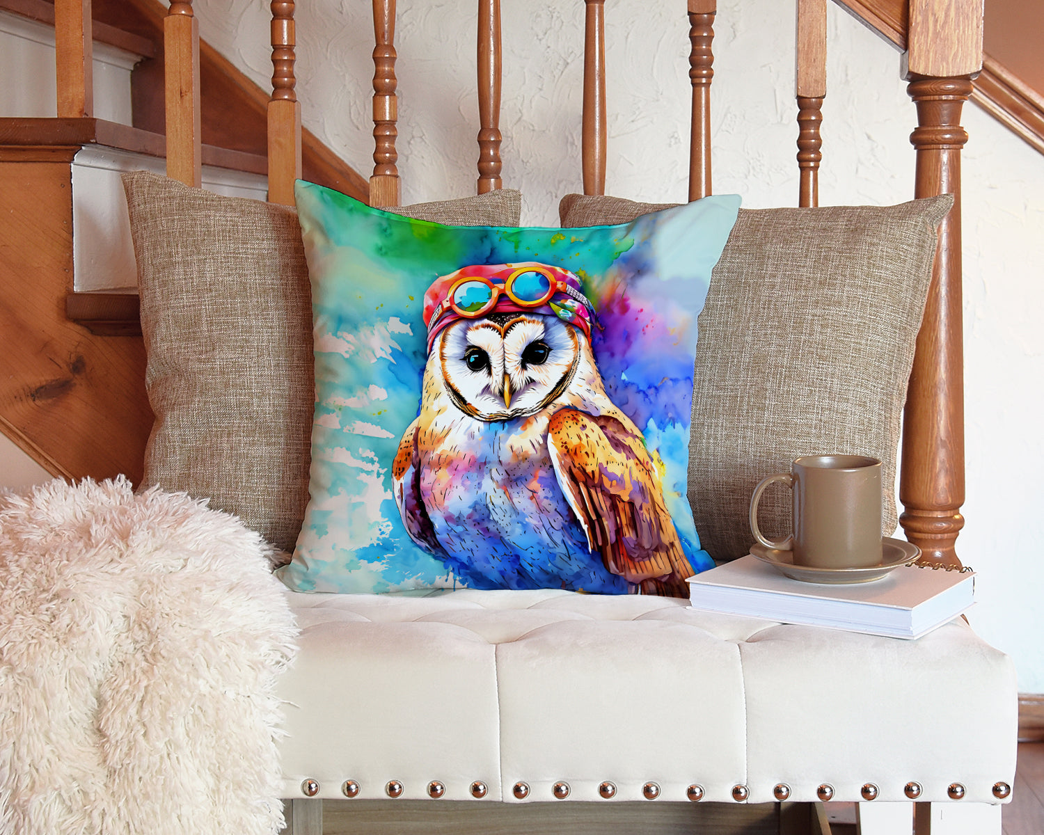 Hippie Animal Barn Owl Decorative Throw Pillow 14x14 Indoor Outdoor Accent Cushion, Fabric Cover with Insert for Sofa, Bed, Porch & Living Room