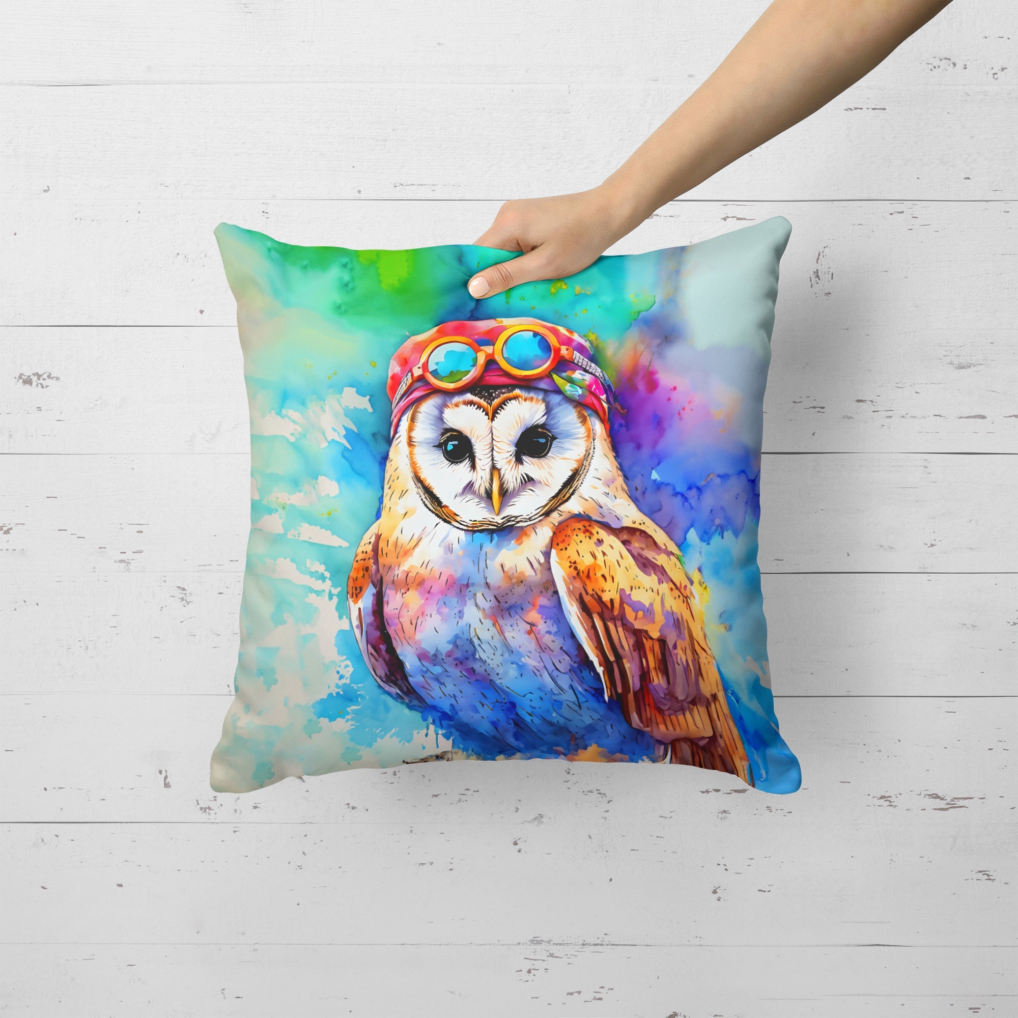 Hippie Animal Barn Owl Decorative Throw Pillow 18x18 Indoor Outdoor Accent Cushion, Fabric Cover with Insert for Sofa, Bed, Porch & Living Room