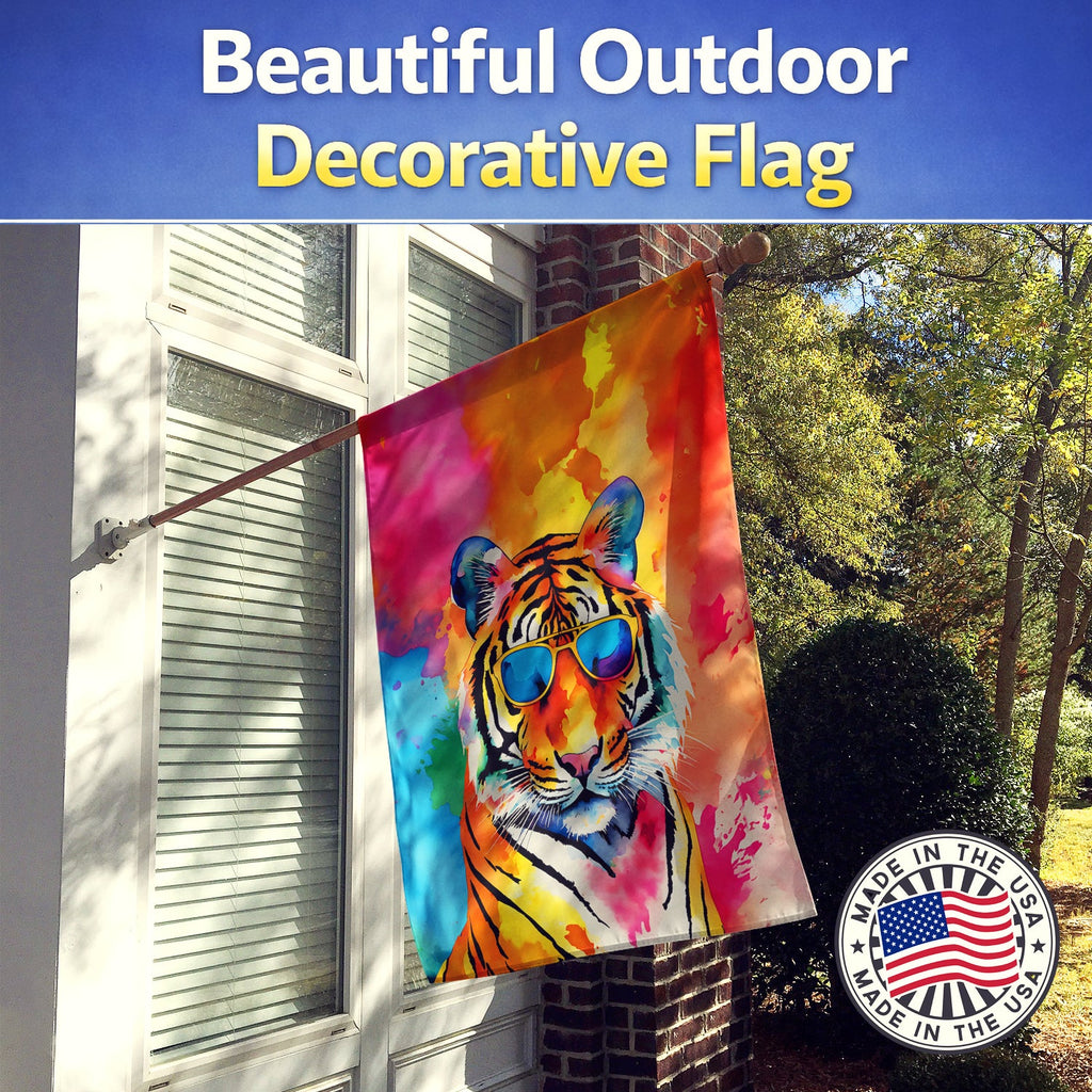 Hippie Animal Bengal Tiger House Flag 28x40 Porch Sleeve Pole Decorative Outside Yard Banner Artwork Wall Hanging, Polyester