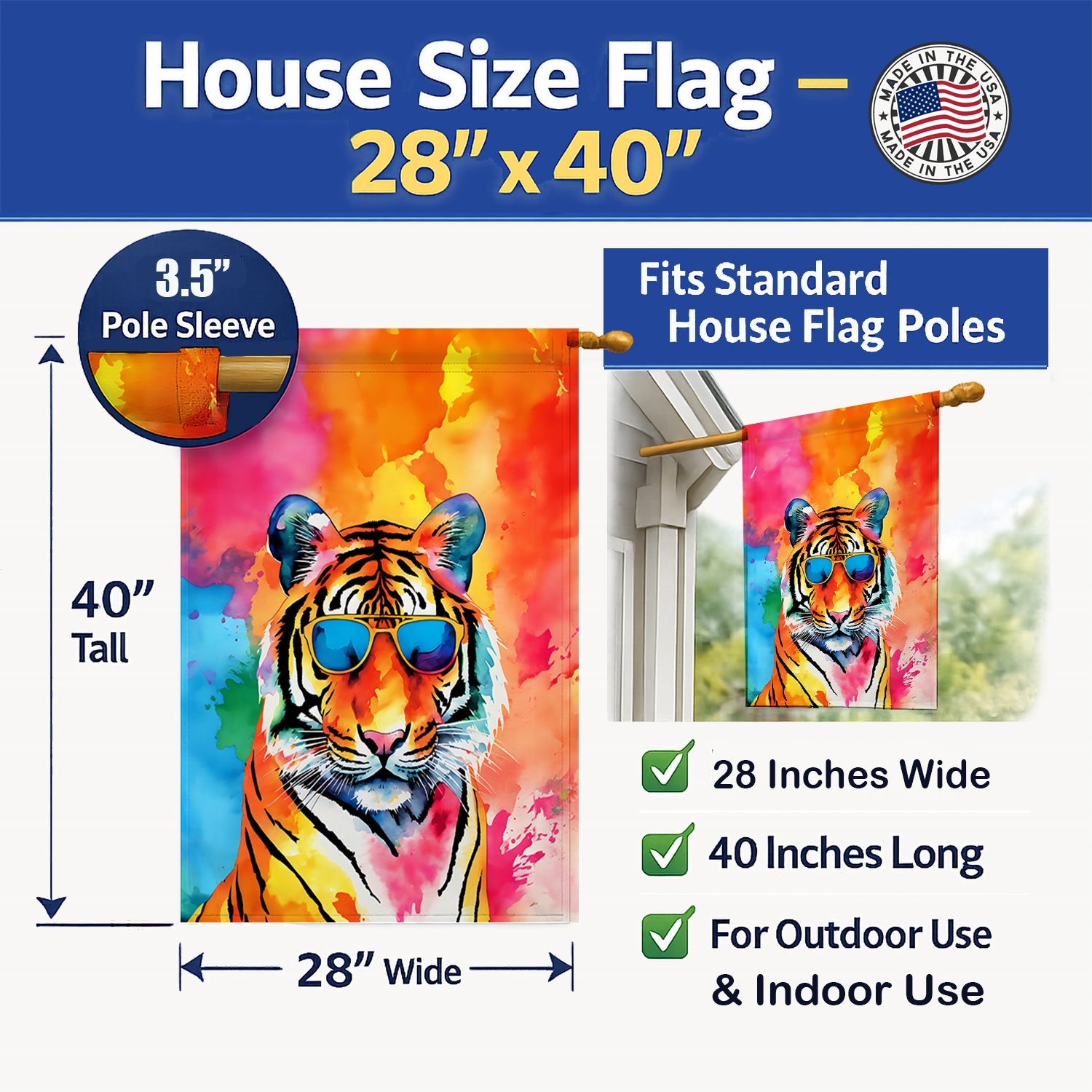 Hippie Animal Bengal Tiger House Flag 28x40 Porch Sleeve Pole Decorative Outside Yard Banner Artwork Wall Hanging, Polyester