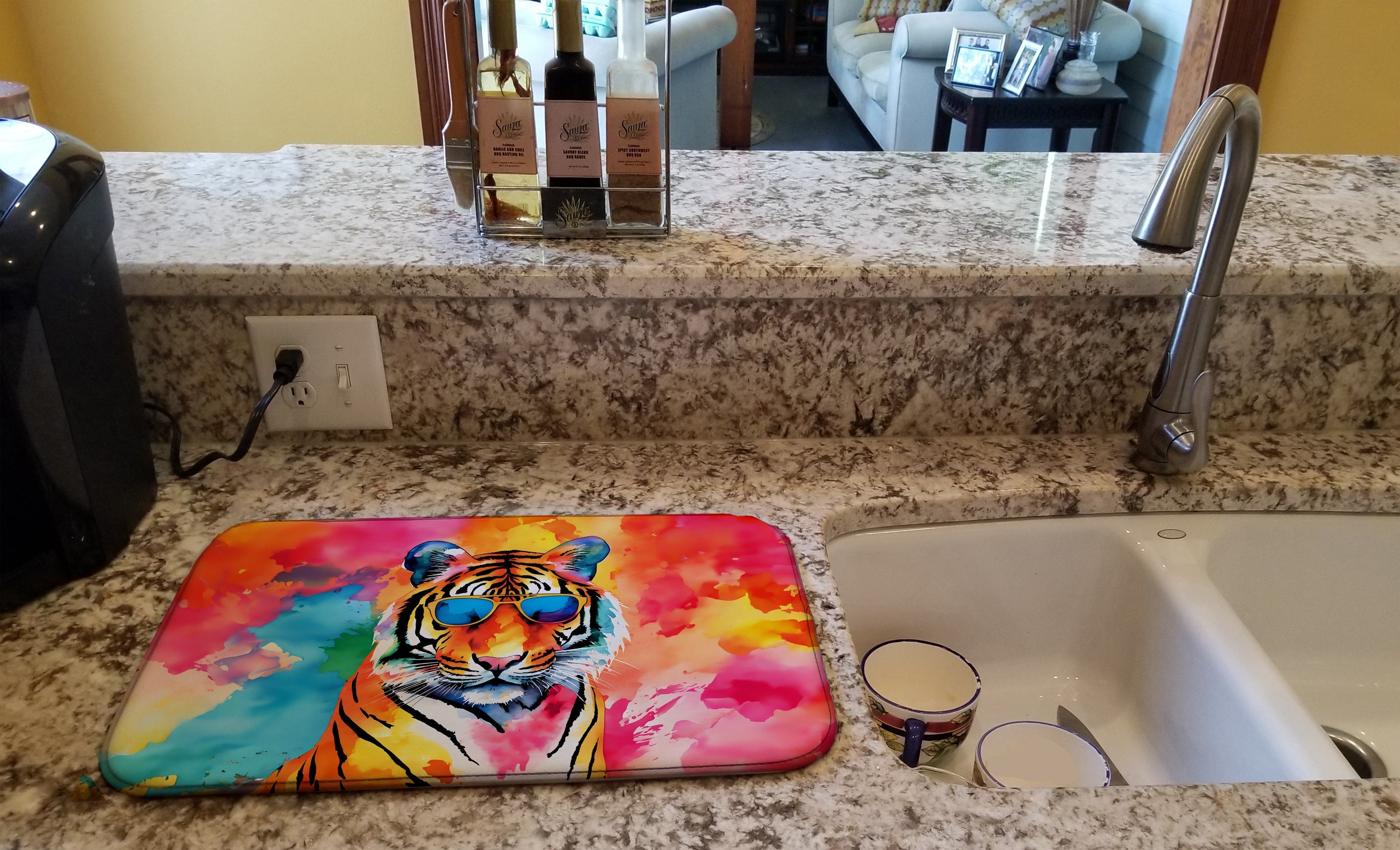 Hippie Animal Bengal Tiger Dish Drying Mat Absorbent Dish Drying Mat Pad for Kitchen Counter Dish Drainer Mat for Countertop, 14 x 21", Multicolor