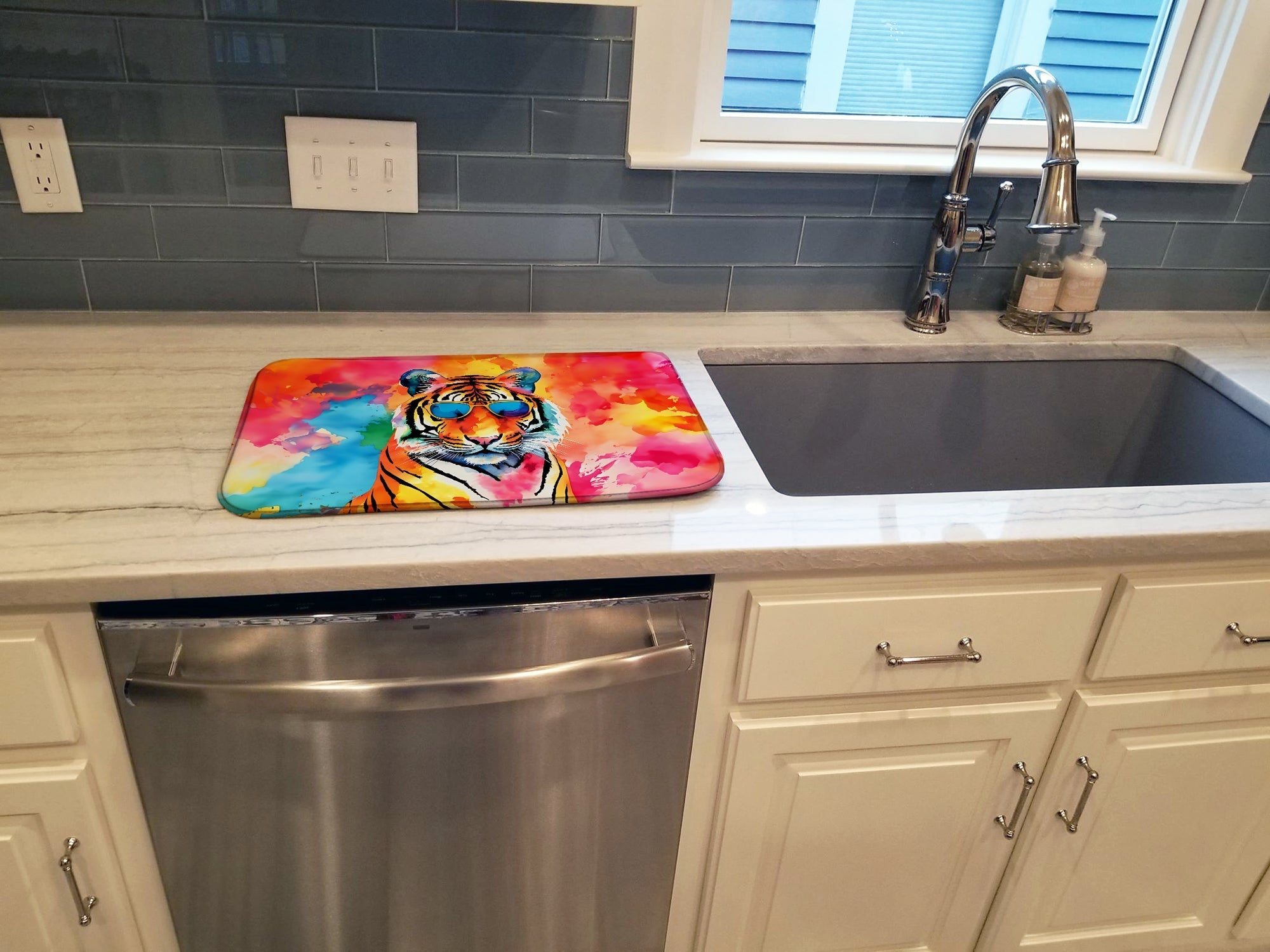 Hippie Animal Bengal Tiger Dish Drying Mat Absorbent Dish Drying Mat Pad for Kitchen Counter Dish Drainer Mat for Countertop, 14 x 21", Multicolor