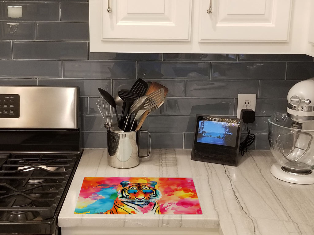 Hippie Animal Bengal Tiger Cutting Board Tempered Glass Kitchen Cutting Surface, Heat Resistant Chopping, Non-Slip Feet, Food Prep & Serving