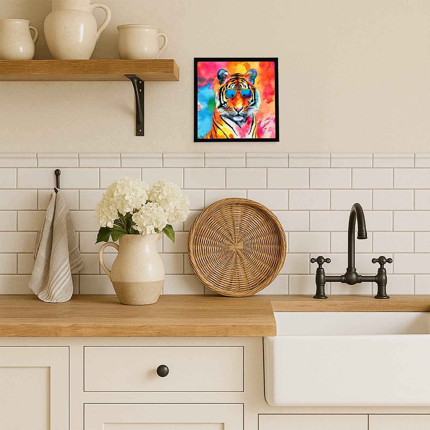 Hippie Animal Bengal Tiger Framed Metal Print Bathroom, Kitchen, Office, Home Decor Wall Art Ready to Hang, Square, 8X8