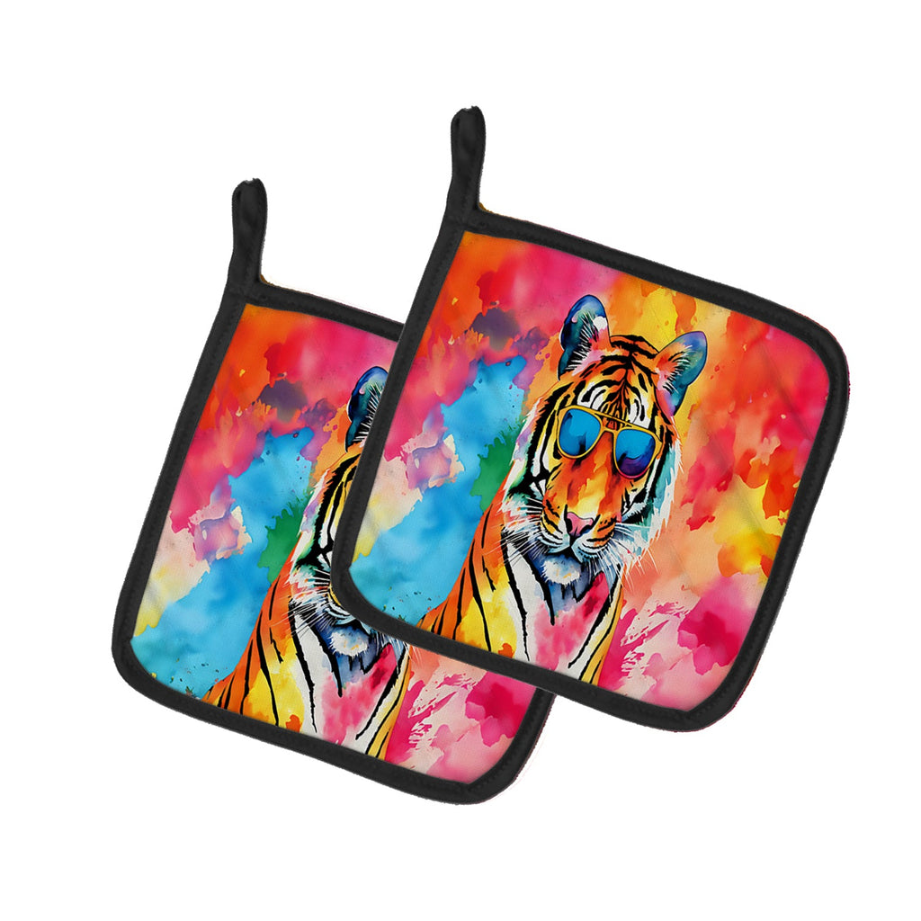 Hippie Animal Bengal Tiger Pot Holder Set of 2 Heat Resistant Quilted Hot Pads 7.5 x 7.5 Inch, Insulated Kitchen Trivets for Cooking & Baking