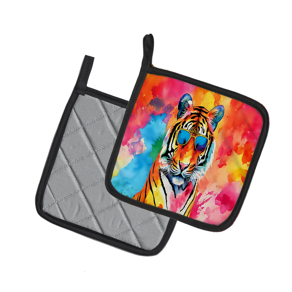 Hippie Animal Bengal Tiger Pot Holder Set of 2 Heat Resistant Quilted Hot Pads 7.5 x 7.5 Inch, Insulated Kitchen Trivets for Cooking & Baking