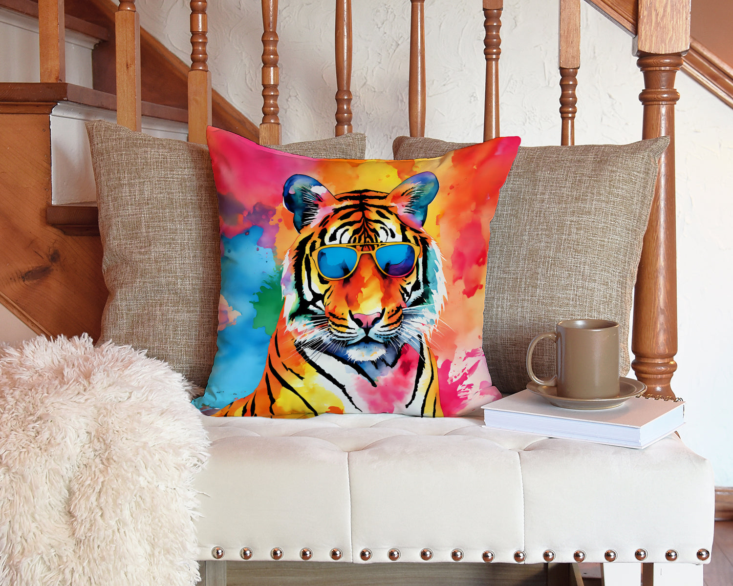 Hippie Animal Bengal Tiger Decorative Throw Pillow 14x14 Indoor Outdoor Accent Cushion, Fabric Cover with Insert for Sofa, Bed, Porch & Living Room