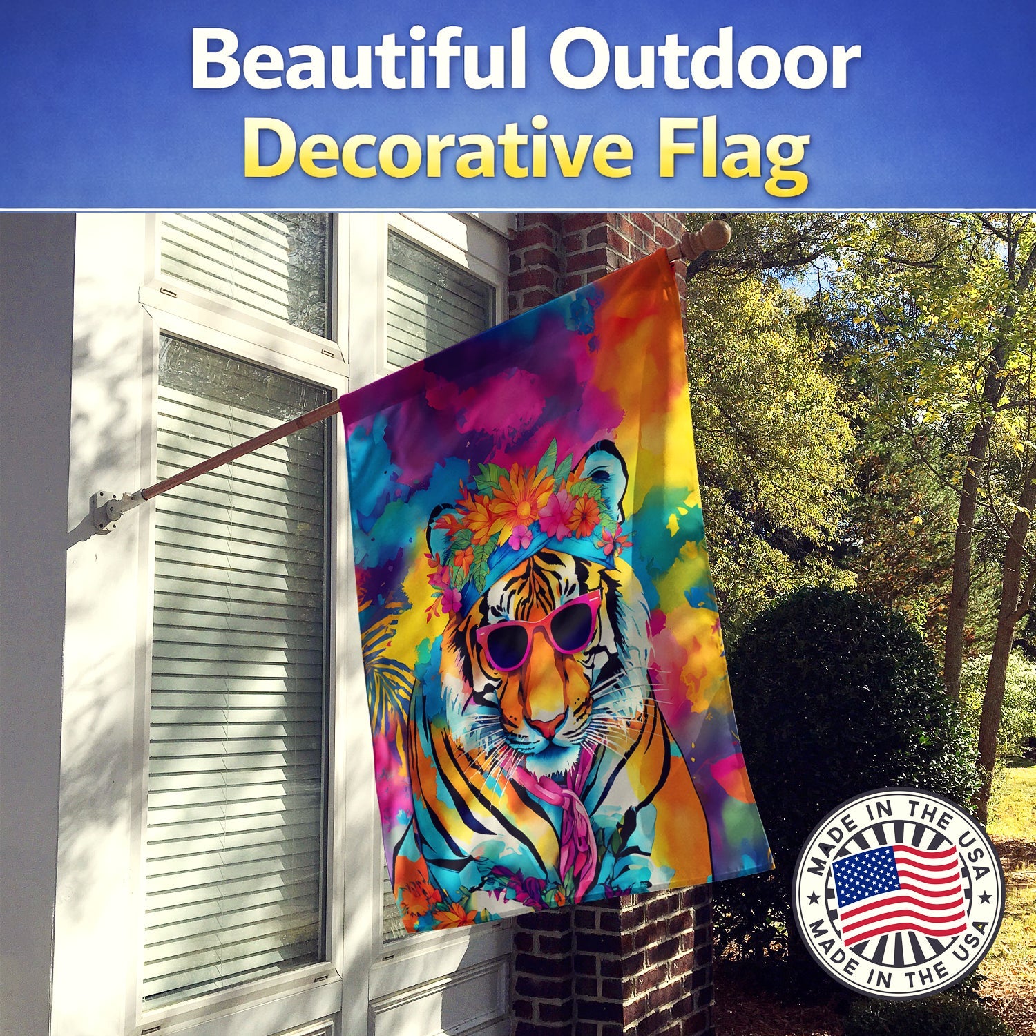 Hippie Animal Bengal Tiger House Flag 28x40 Porch Sleeve Pole Decorative Outside Yard Banner Artwork Wall Hanging, Polyester