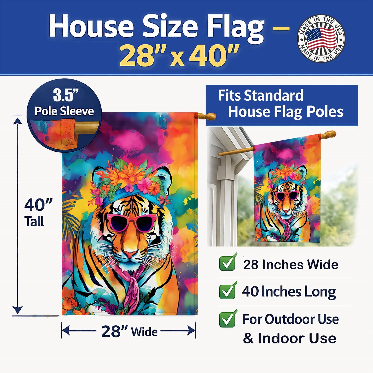Hippie Animal Bengal Tiger House Flag 28x40 Porch Sleeve Pole Decorative Outside Yard Banner Artwork Wall Hanging, Polyester