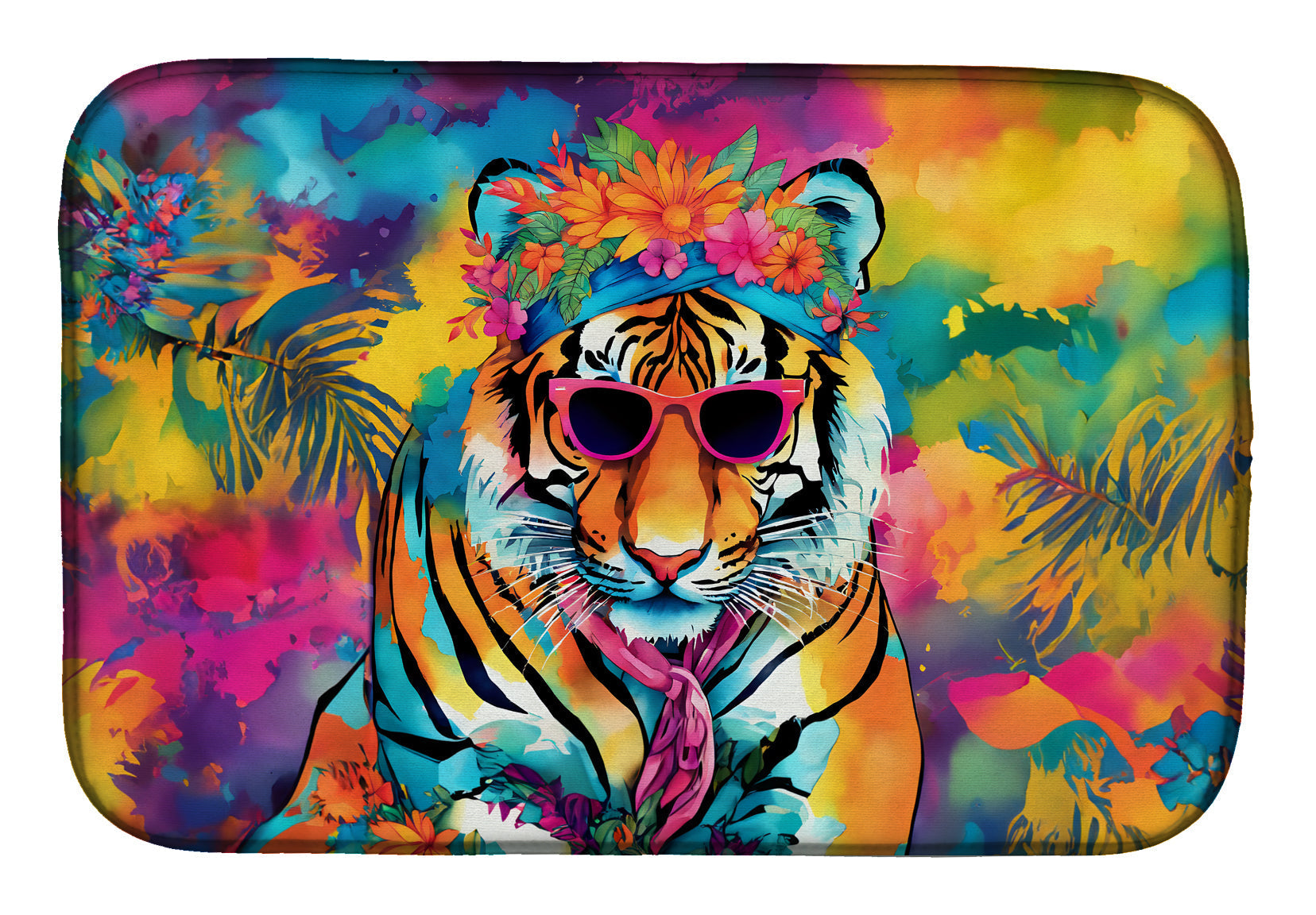 Hippie Animal Bengal Tiger Dish Drying Mat Absorbent Dish Drying Mat Pad for Kitchen Counter Dish Drainer Mat for Countertop, 14 x 21", Multicolor