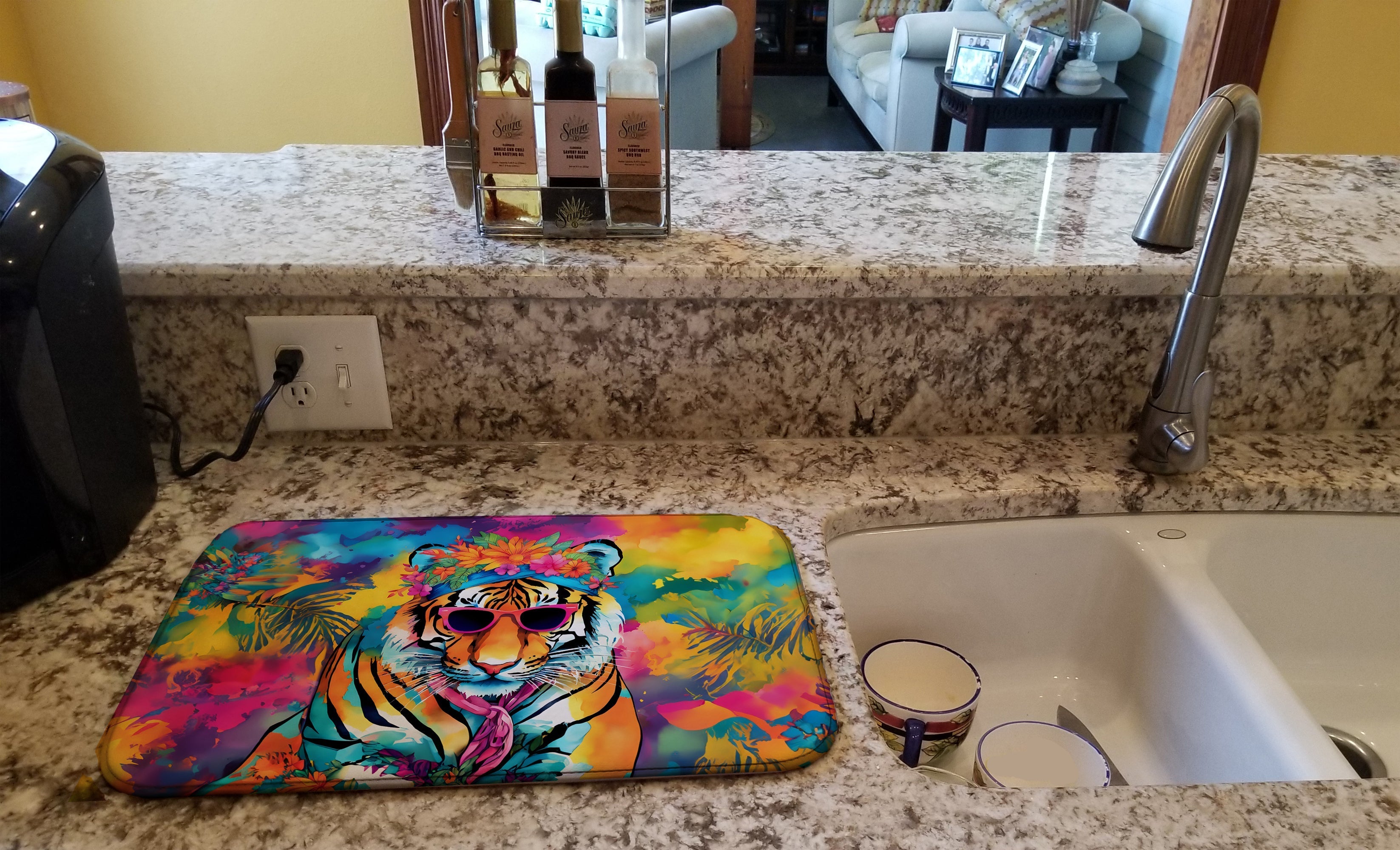 Hippie Animal Bengal Tiger Dish Drying Mat Absorbent Dish Drying Mat Pad for Kitchen Counter Dish Drainer Mat for Countertop, 14 x 21", Multicolor