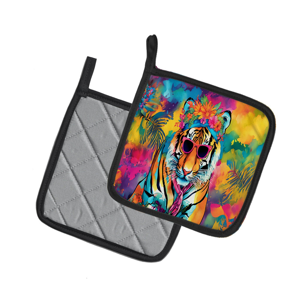 Hippie Animal Bengal Tiger Pot Holder Set of 2 Heat Resistant Quilted Hot Pads 7.5 x 7.5 Inch, Insulated Kitchen Trivets for Cooking & Baking