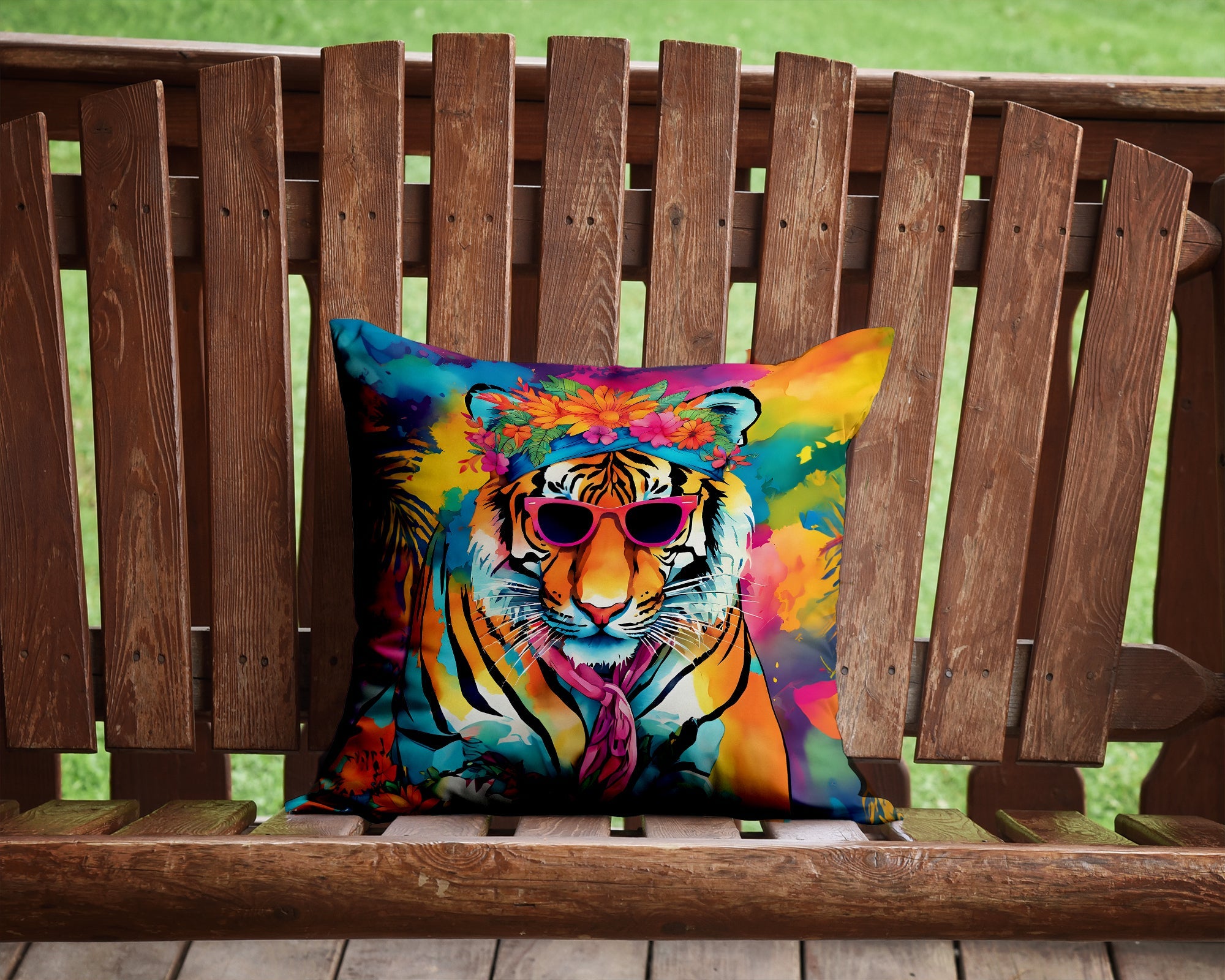 Hippie Animal Bengal Tiger Decorative Throw Pillow 14x14 Indoor Outdoor Accent Cushion, Fabric Cover with Insert for Sofa, Bed, Porch & Living Room