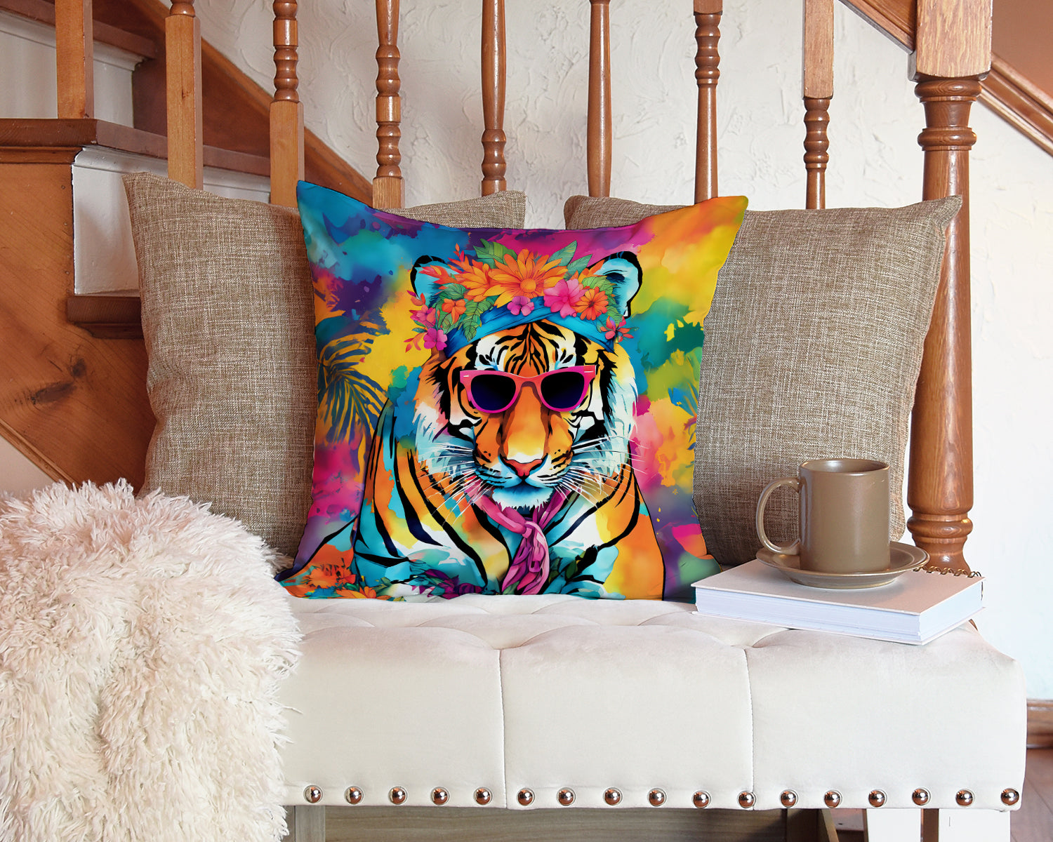 Hippie Animal Bengal Tiger Decorative Throw Pillow 14x14 Indoor Outdoor Accent Cushion, Fabric Cover with Insert for Sofa, Bed, Porch & Living Room