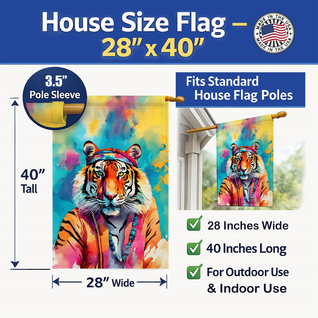 Hippie Animal Bengal Tiger House Flag 28x40 Porch Sleeve Pole Decorative Outside Yard Banner Artwork Wall Hanging, Polyester