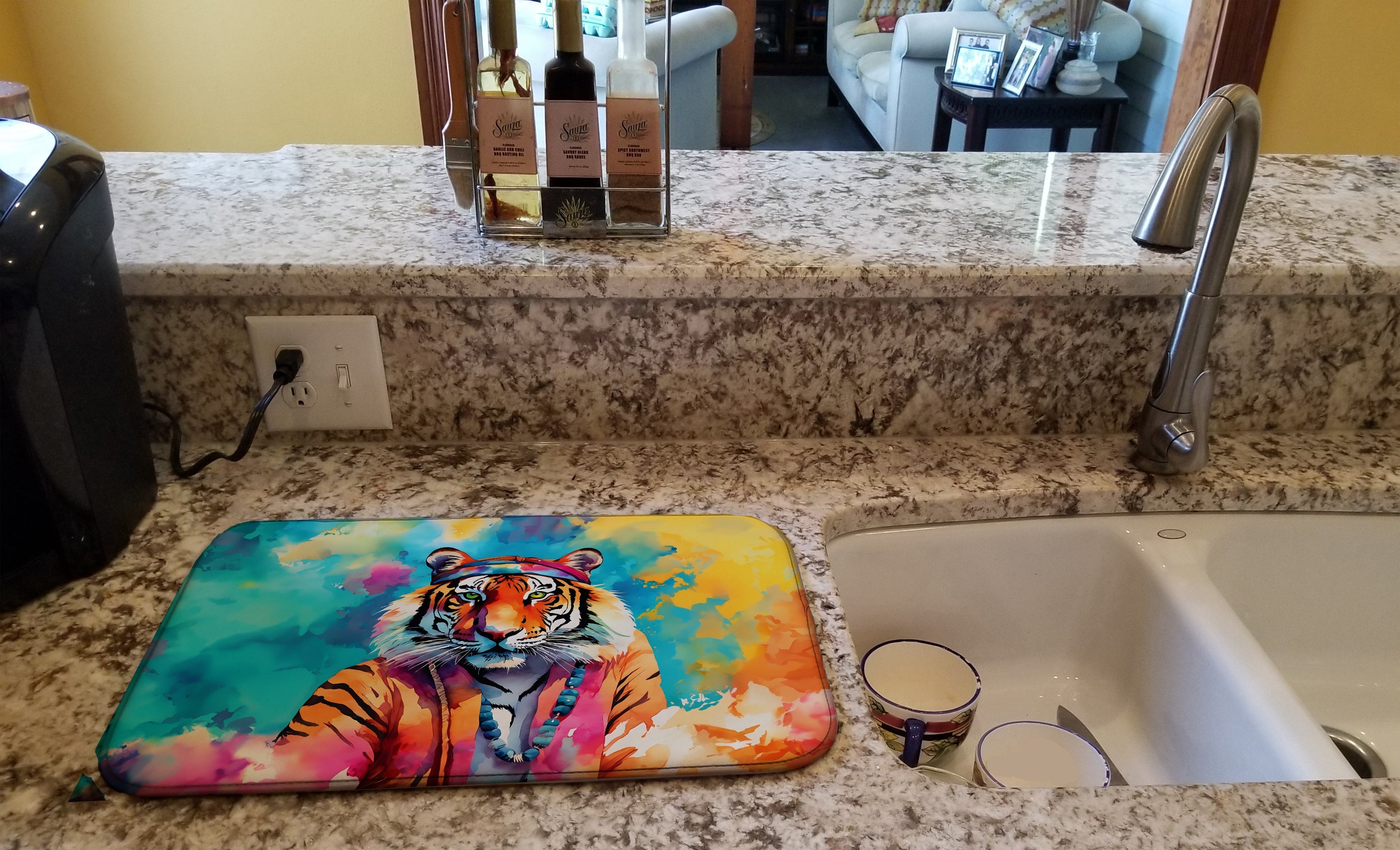Hippie Animal Bengal Tiger Dish Drying Mat Absorbent Dish Drying Mat Pad for Kitchen Counter Dish Drainer Mat for Countertop, 14 x 21", Multicolor
