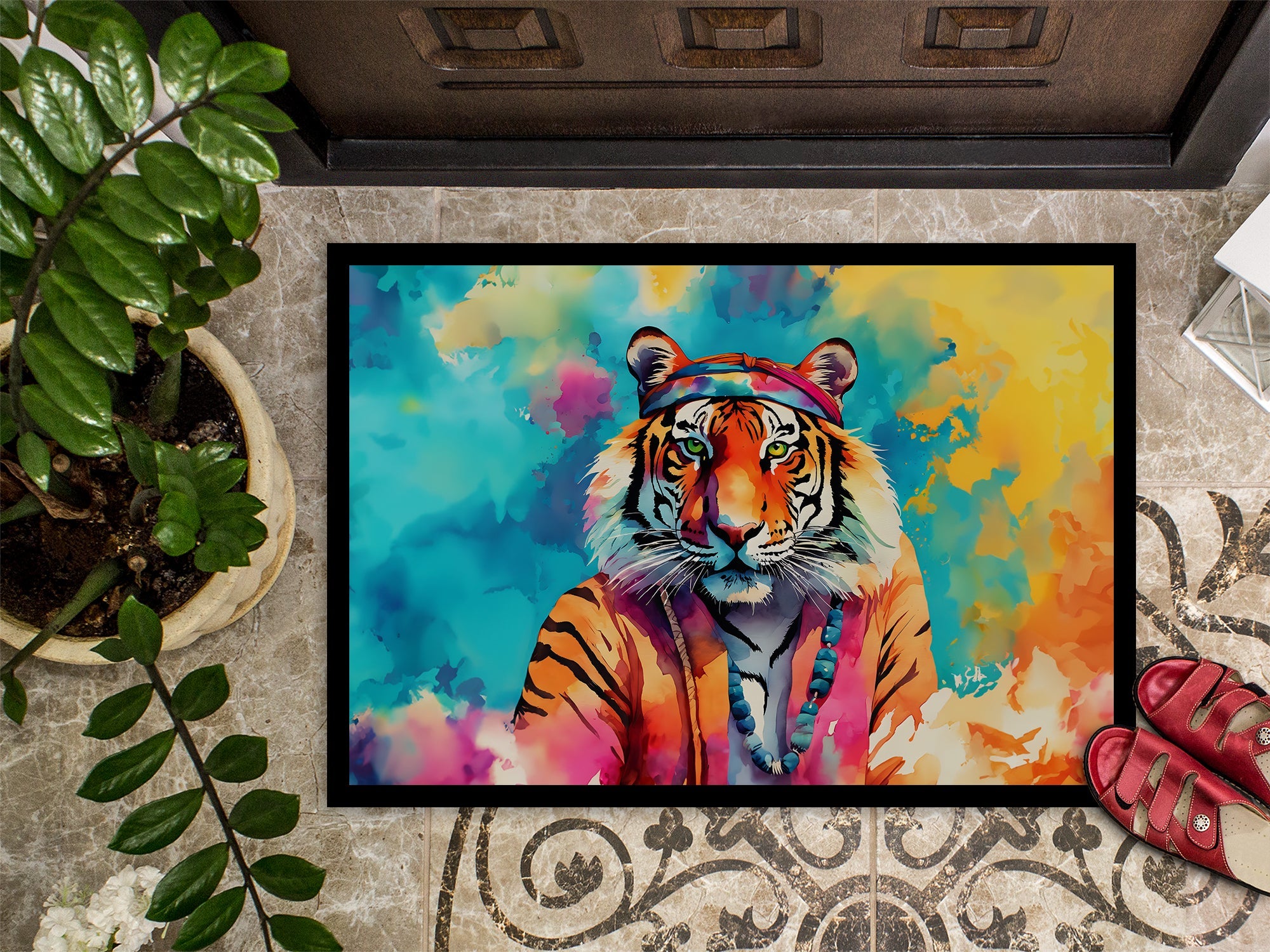 Hippie Animal Bengal Tiger Doormat Indoor Outdoor 24H X 36W Front Door Mat Rugs for Entryway, Non Slip Washable Low Pile,