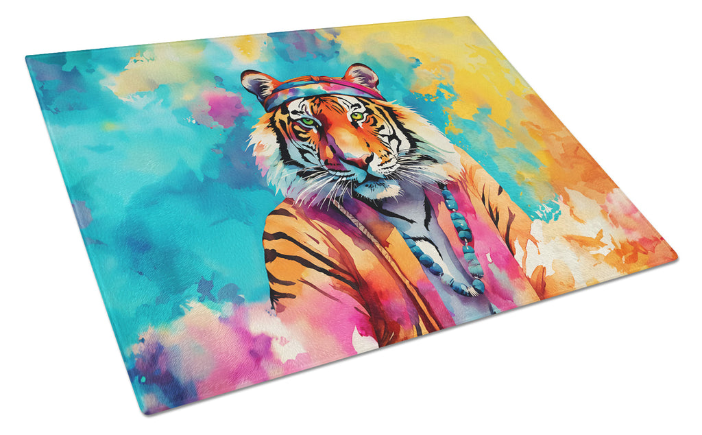 Hippie Animal Bengal Tiger Cutting Board Tempered Glass Kitchen Cutting Surface, Heat Resistant Chopping, Non-Slip Feet, Food Prep & Serving