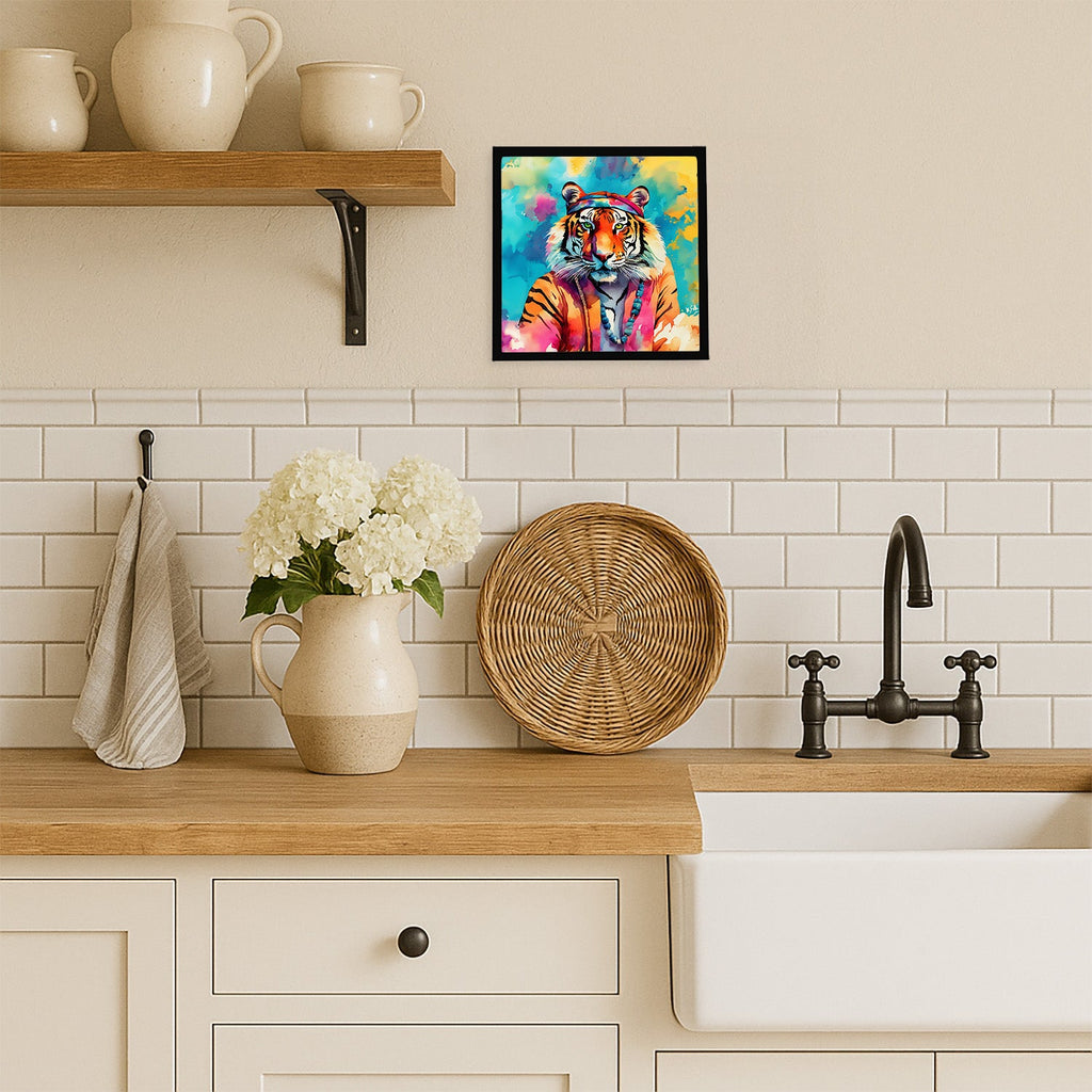 Hippie Animal Bengal Tiger Framed Metal Print Bathroom, Kitchen, Office, Home Decor Wall Art Ready to Hang, Square, 8X8