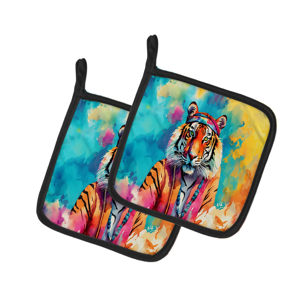 Hippie Animal Bengal Tiger Pot Holder Set of 2 Heat Resistant Quilted Hot Pads 7.5 x 7.5 Inch, Insulated Kitchen Trivets for Cooking & Baking