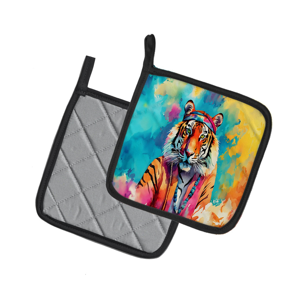 Hippie Animal Bengal Tiger Pot Holder Set of 2 Heat Resistant Quilted Hot Pads 7.5 x 7.5 Inch, Insulated Kitchen Trivets for Cooking & Baking